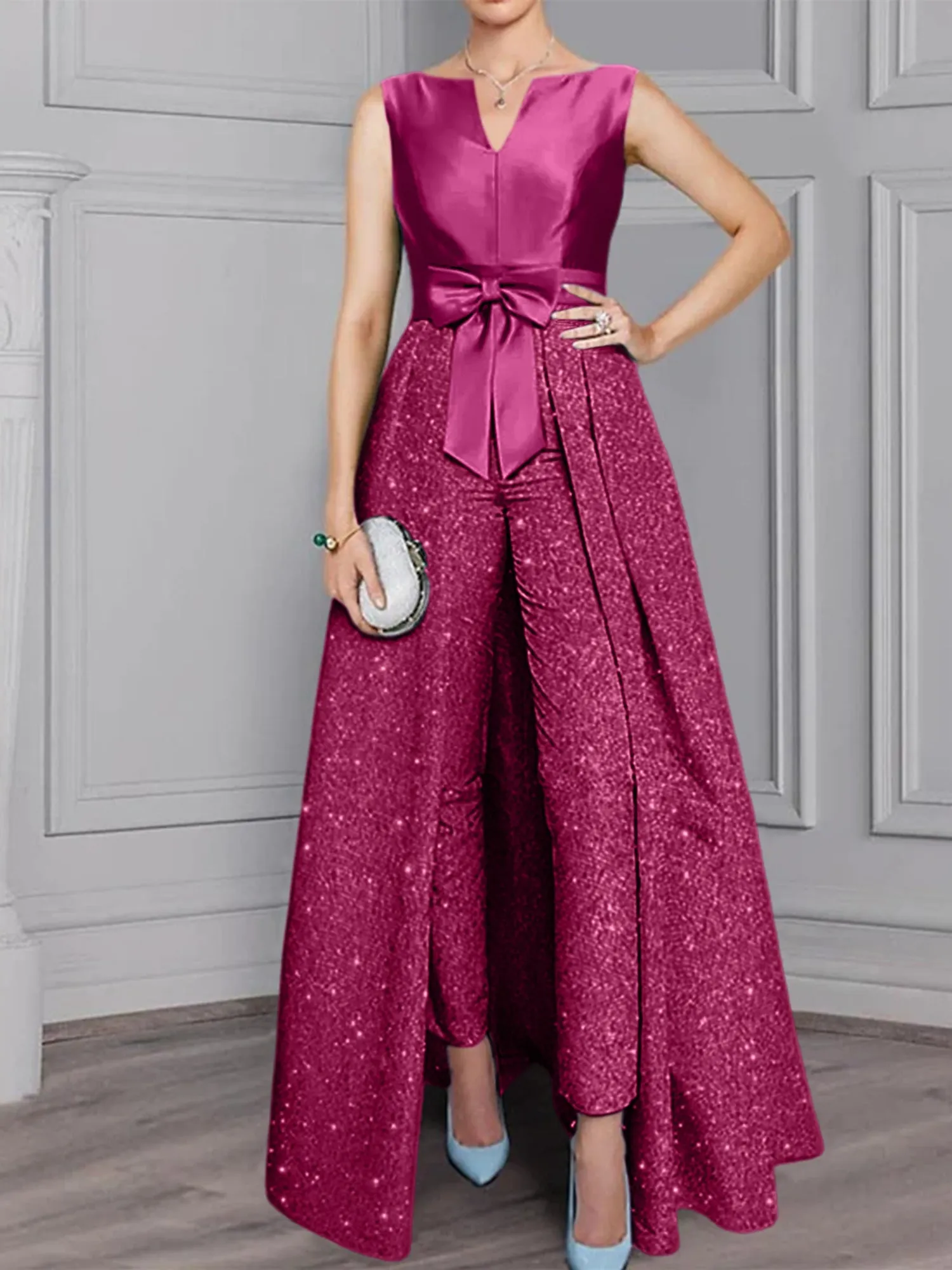 2 Pieces Scoop Long Sleeves Mother of the Bride Pantsuits with Sash ＆ Sequins