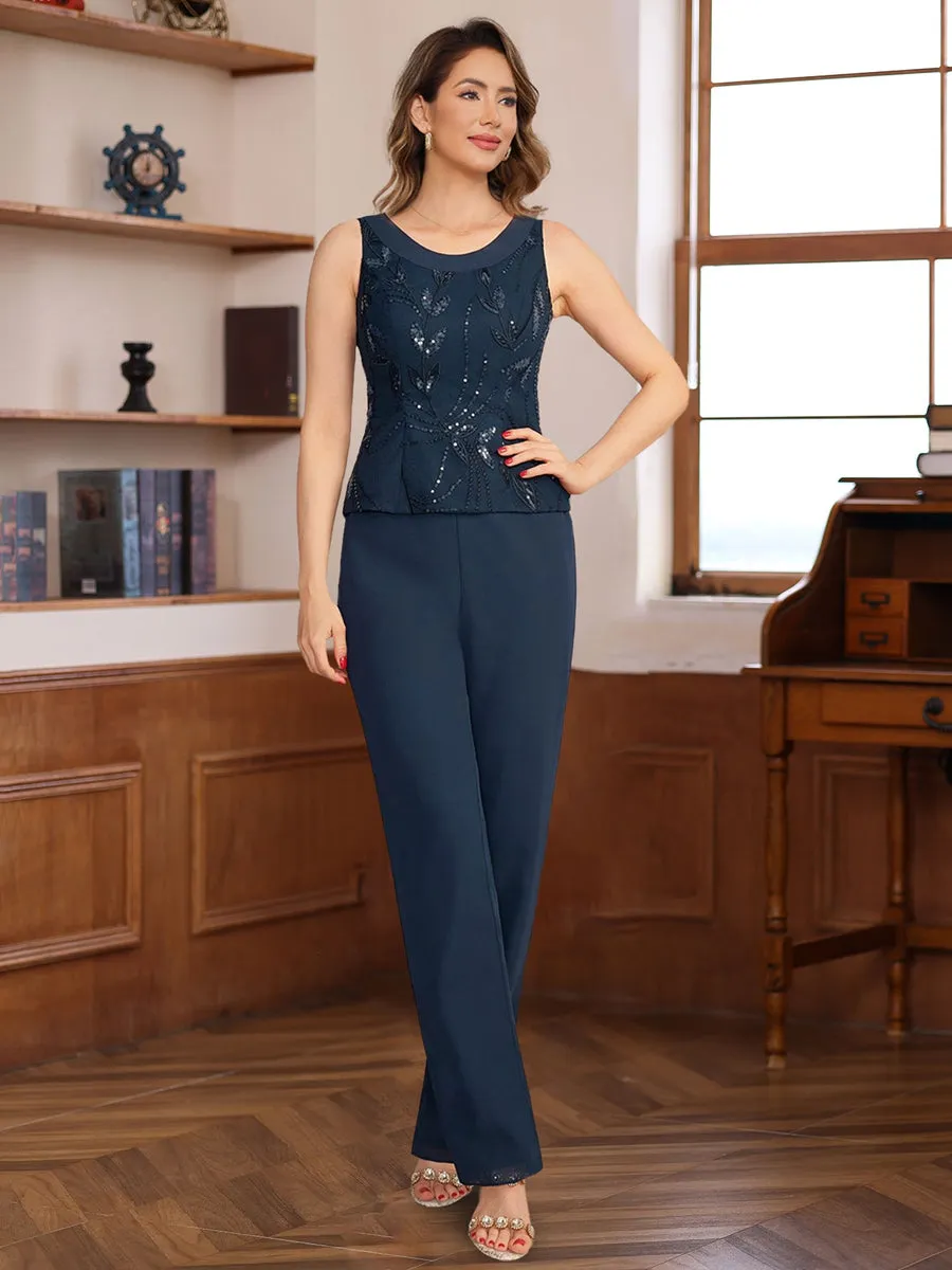 3 Pieces Chiffon Round Neck Floor-Length Mother of the Bride Pantsuits with Sequins