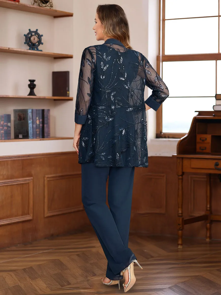 3 Pieces Chiffon Round Neck Floor-Length Mother of the Bride Pantsuits with Sequins