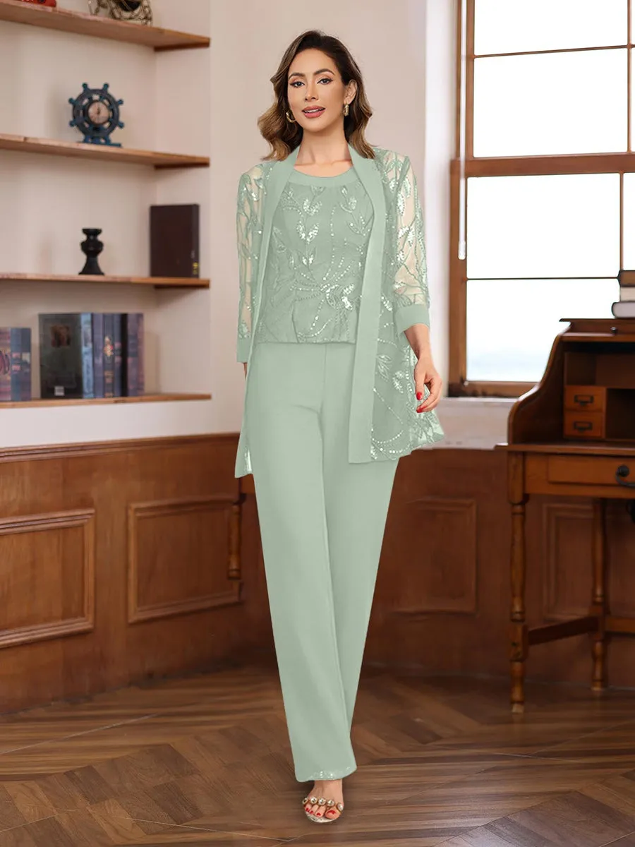 3 Pieces Chiffon Round Neck Floor-Length Mother of the Bride Pantsuits with Sequins
