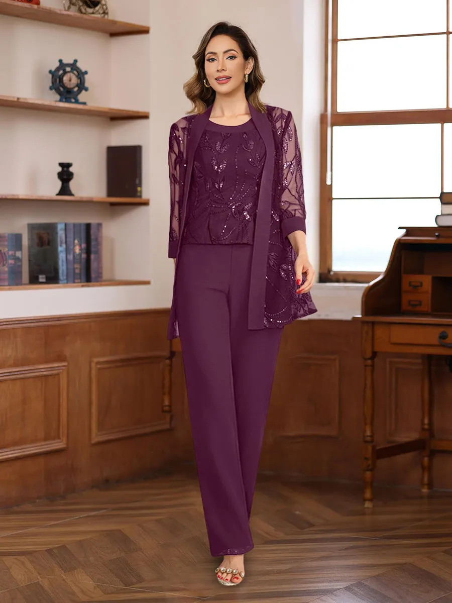 3 Pieces Chiffon Round Neck Floor-Length Mother of the Bride Pantsuits with Sequins
