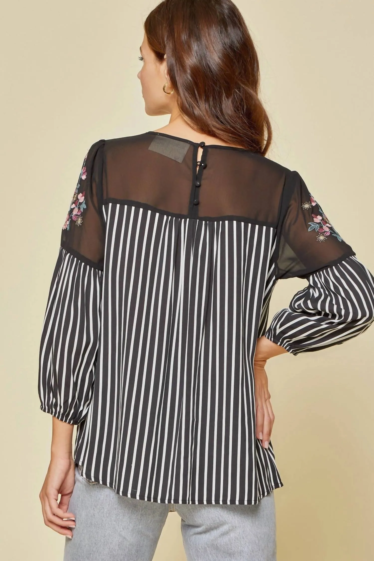 Andree By Unit - Floral Embroidered & Striped Top