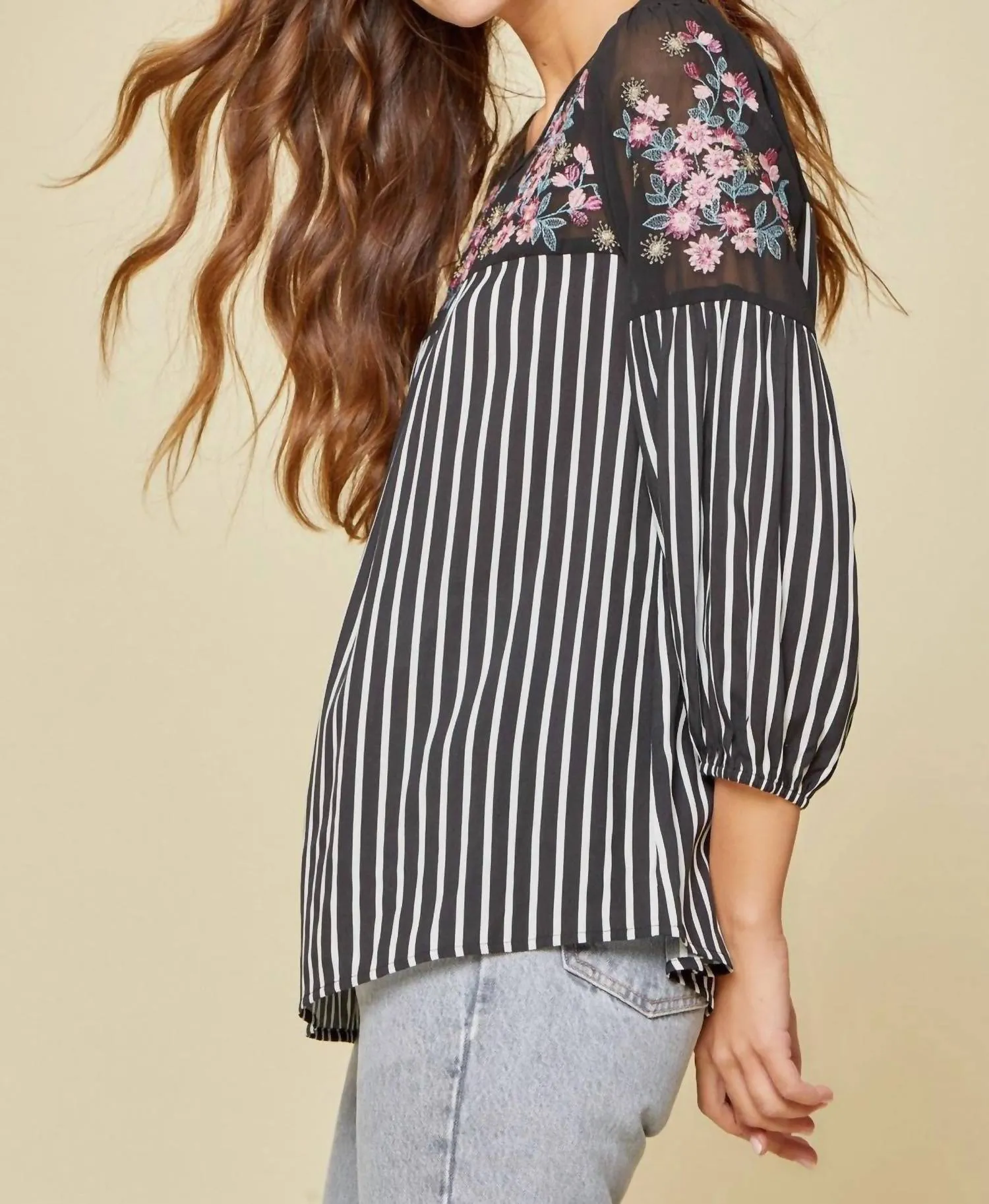 Andree By Unit - Floral Embroidered & Striped Top