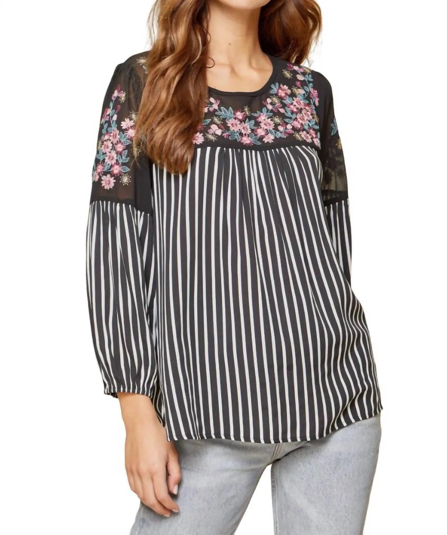 Andree By Unit - Floral Embroidered & Striped Top