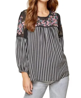 Andree By Unit - Floral Embroidered & Striped Top