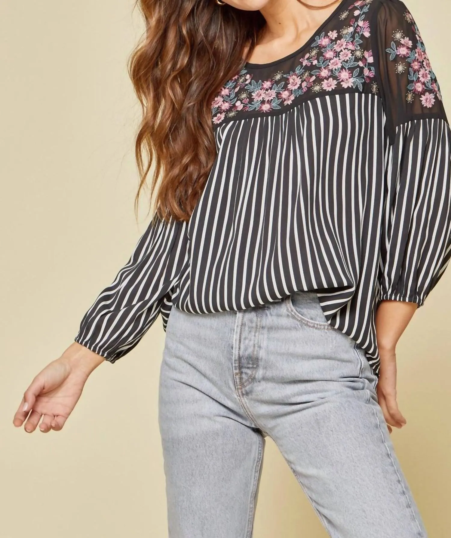 Andree By Unit - Floral Embroidered & Striped Top