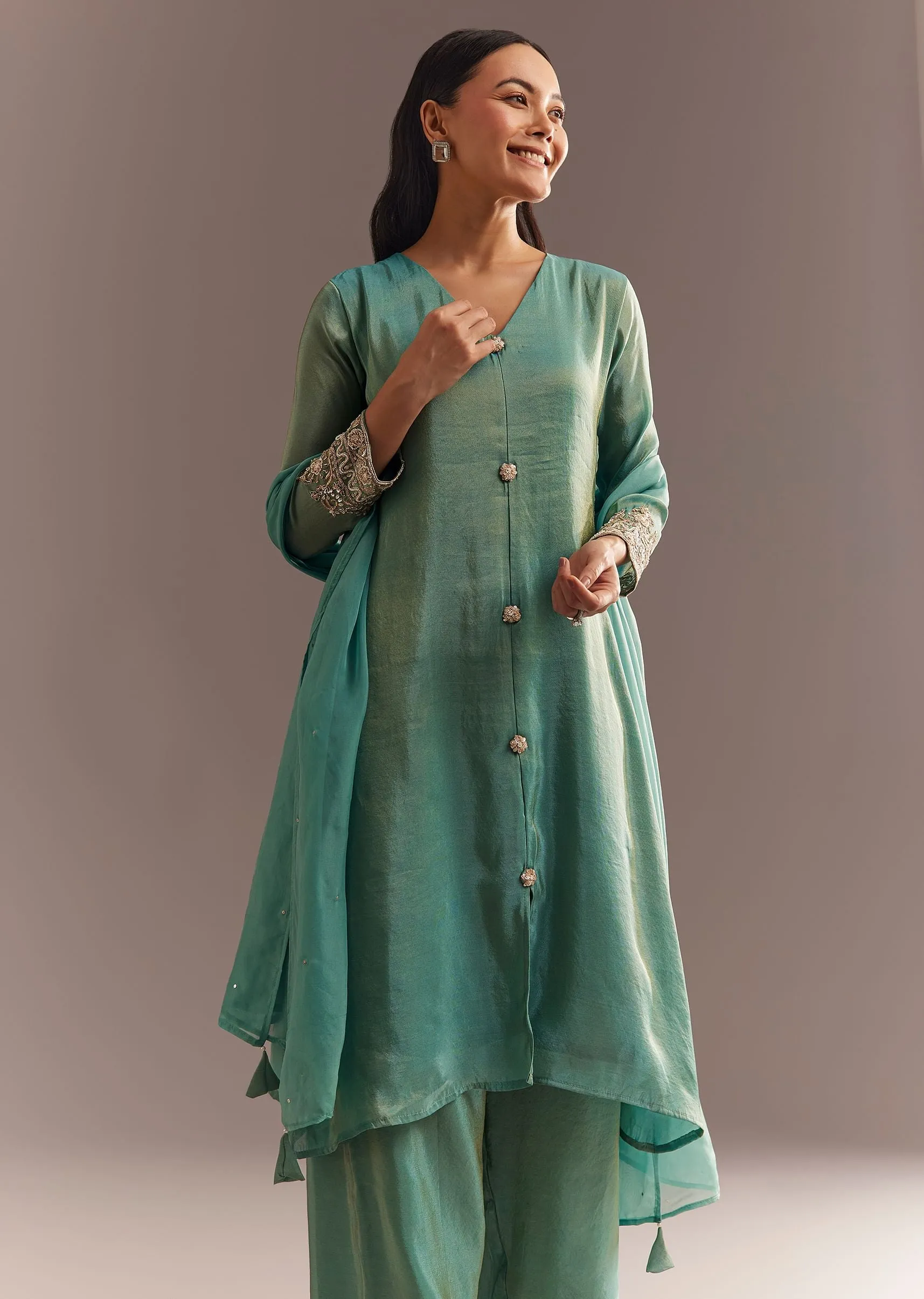 Aqua Blue Tissue Zardosi Kurta Pant With Organza Dupatta