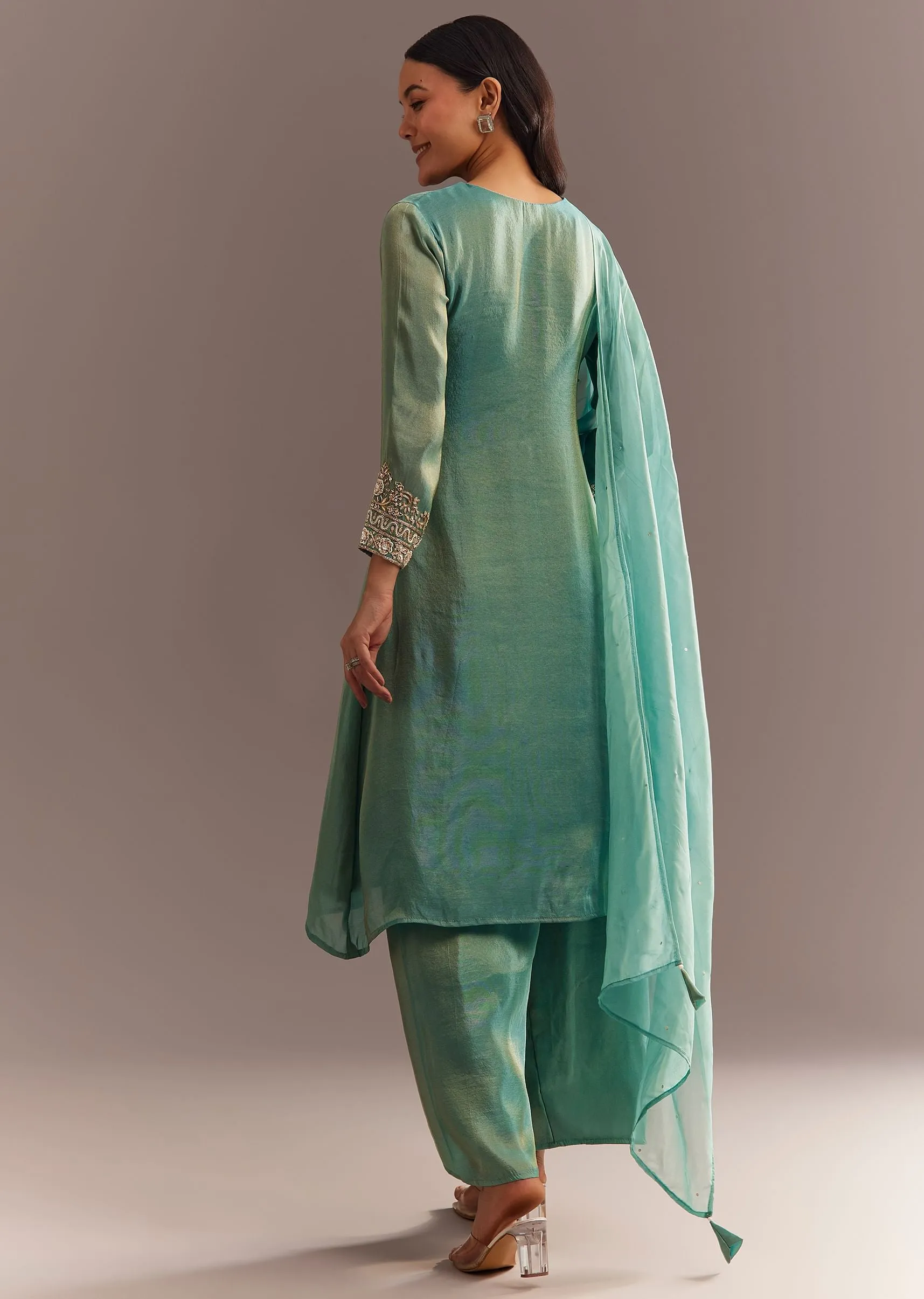 Aqua Blue Tissue Zardosi Kurta Pant With Organza Dupatta