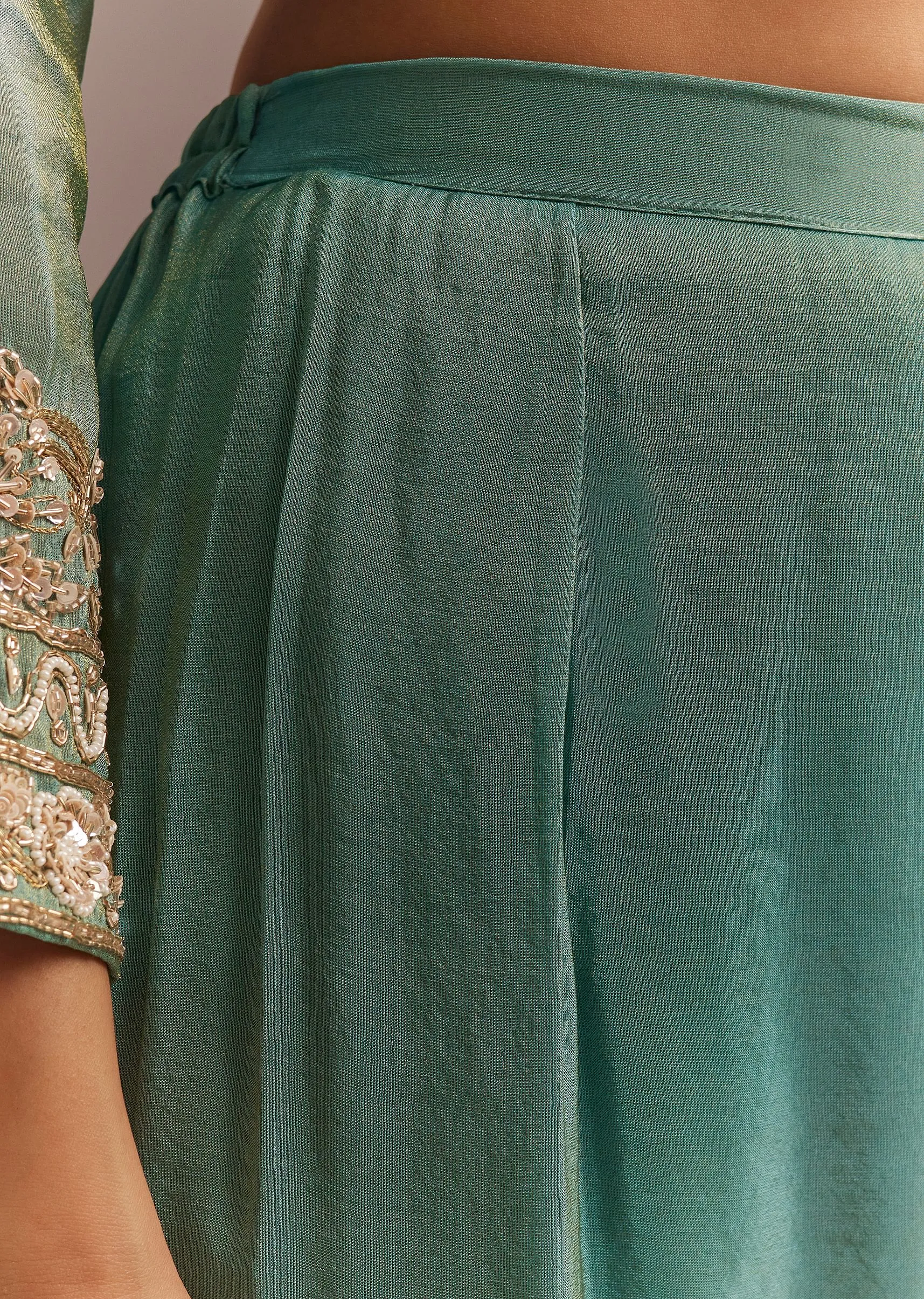 Aqua Blue Tissue Zardosi Kurta Pant With Organza Dupatta