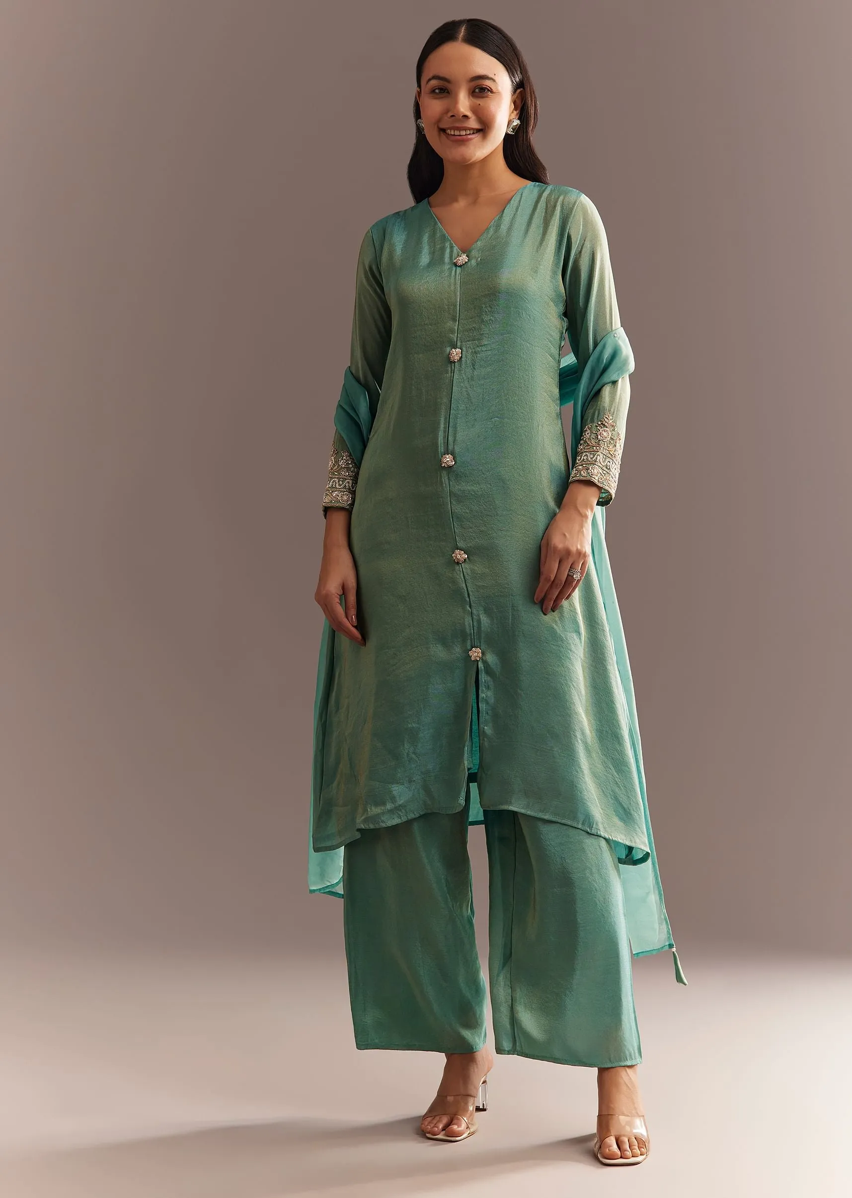 Aqua Blue Tissue Zardosi Kurta Pant With Organza Dupatta