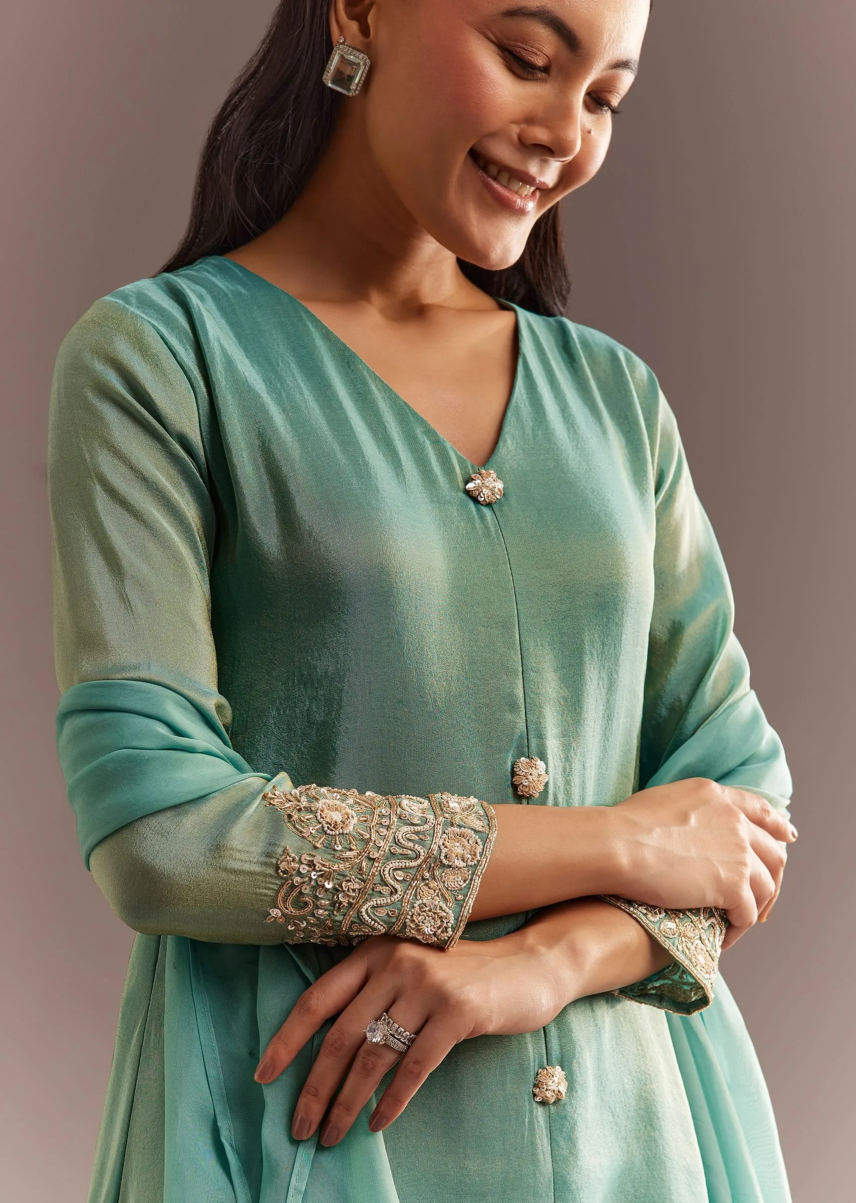 Aqua Blue Tissue Zardosi Kurta Pant With Organza Dupatta