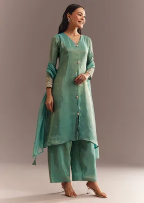 Aqua Blue Tissue Zardosi Kurta Pant With Organza Dupatta
