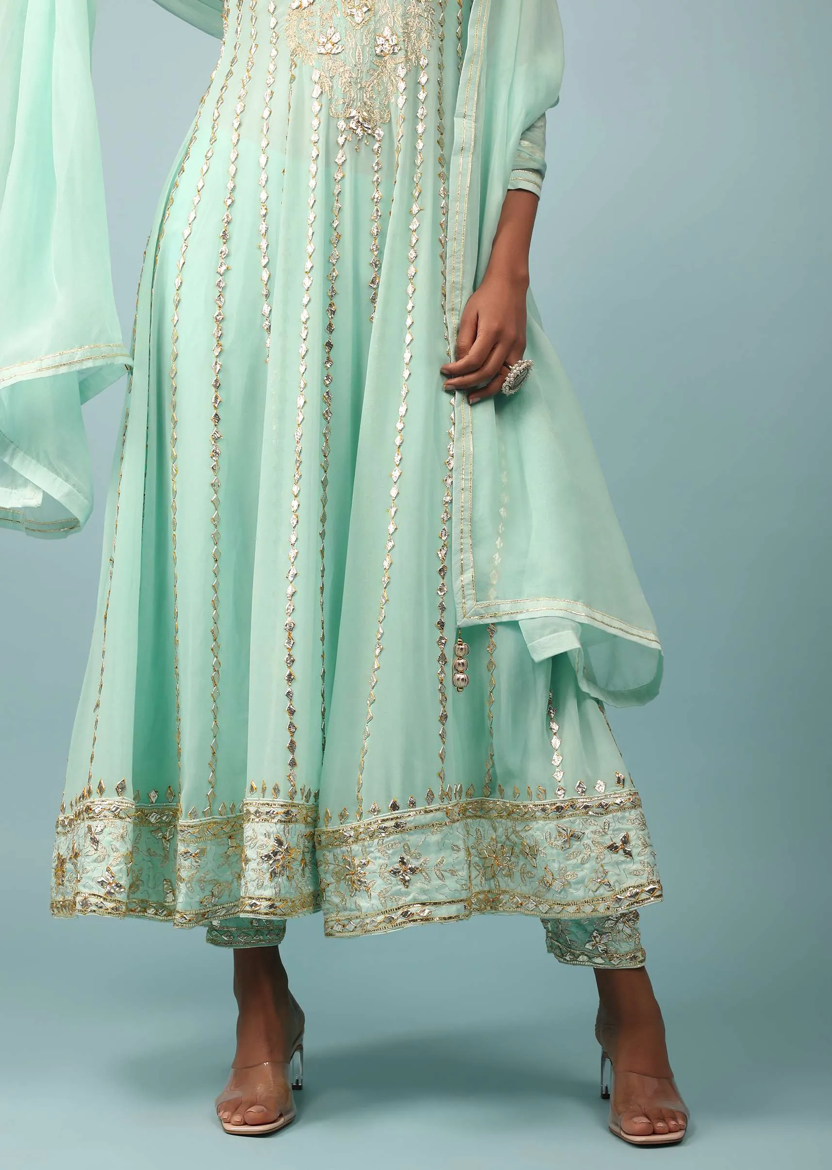 Bay Green Embroidered Anarkali Suit Set In Georgette