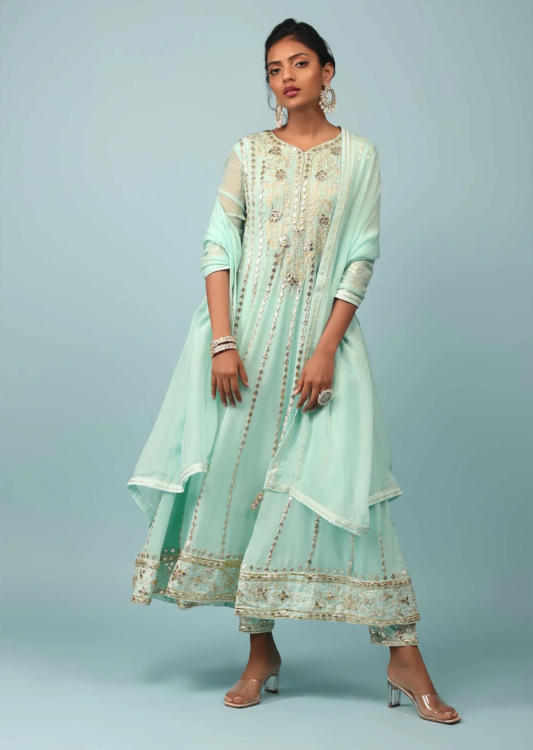 Bay Green Embroidered Anarkali Suit Set In Georgette