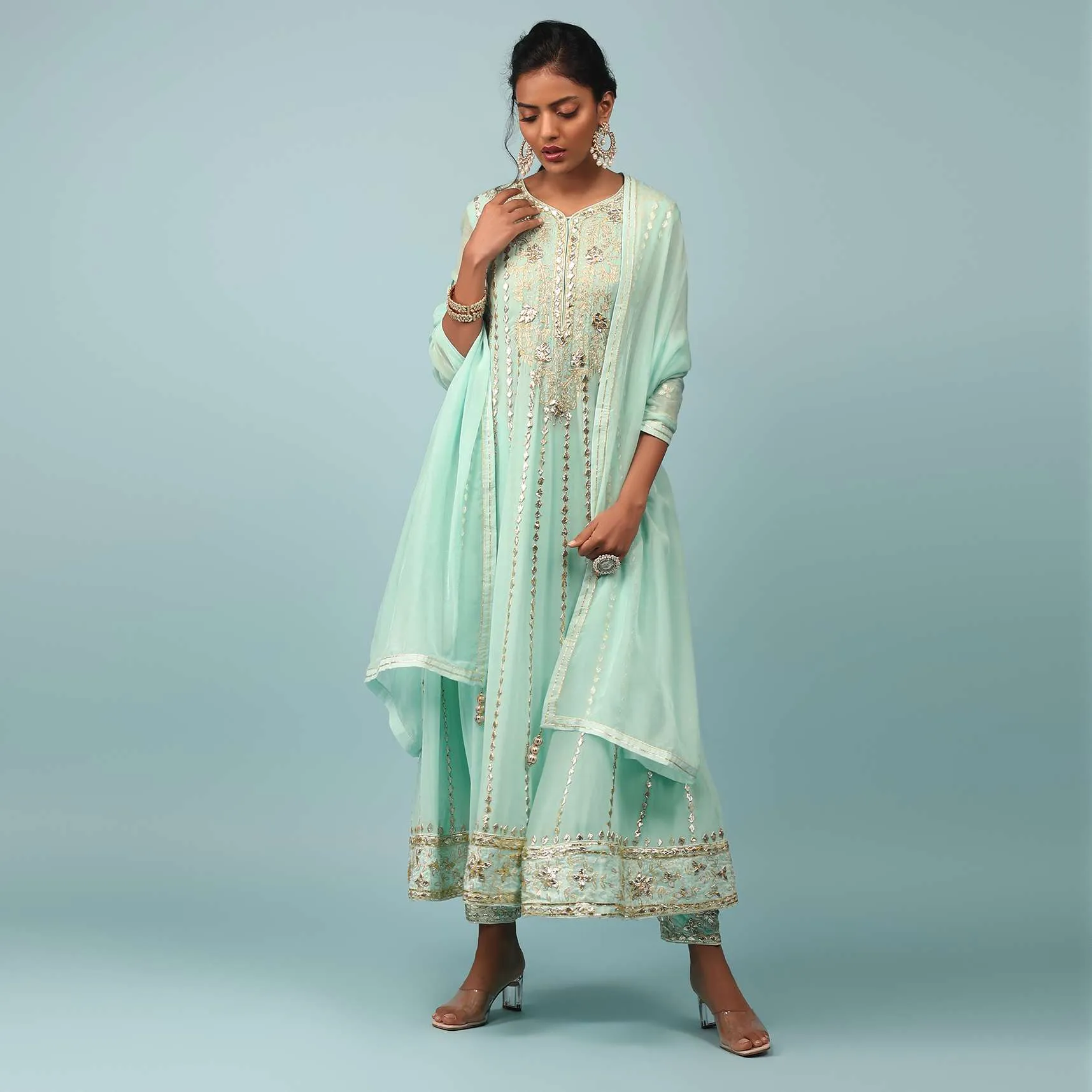 Bay Green Embroidered Anarkali Suit Set In Georgette