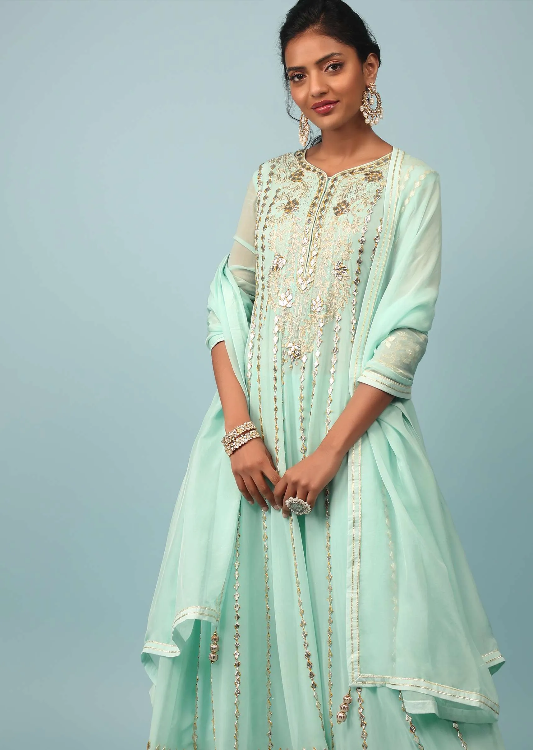 Bay Green Embroidered Anarkali Suit Set In Georgette