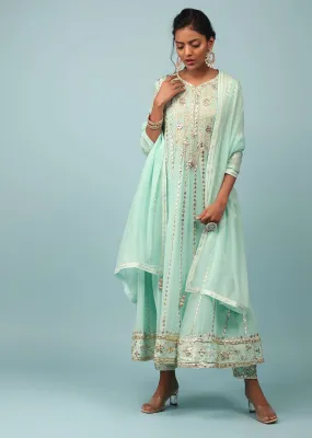 Bay Green Embroidered Anarkali Suit Set In Georgette
