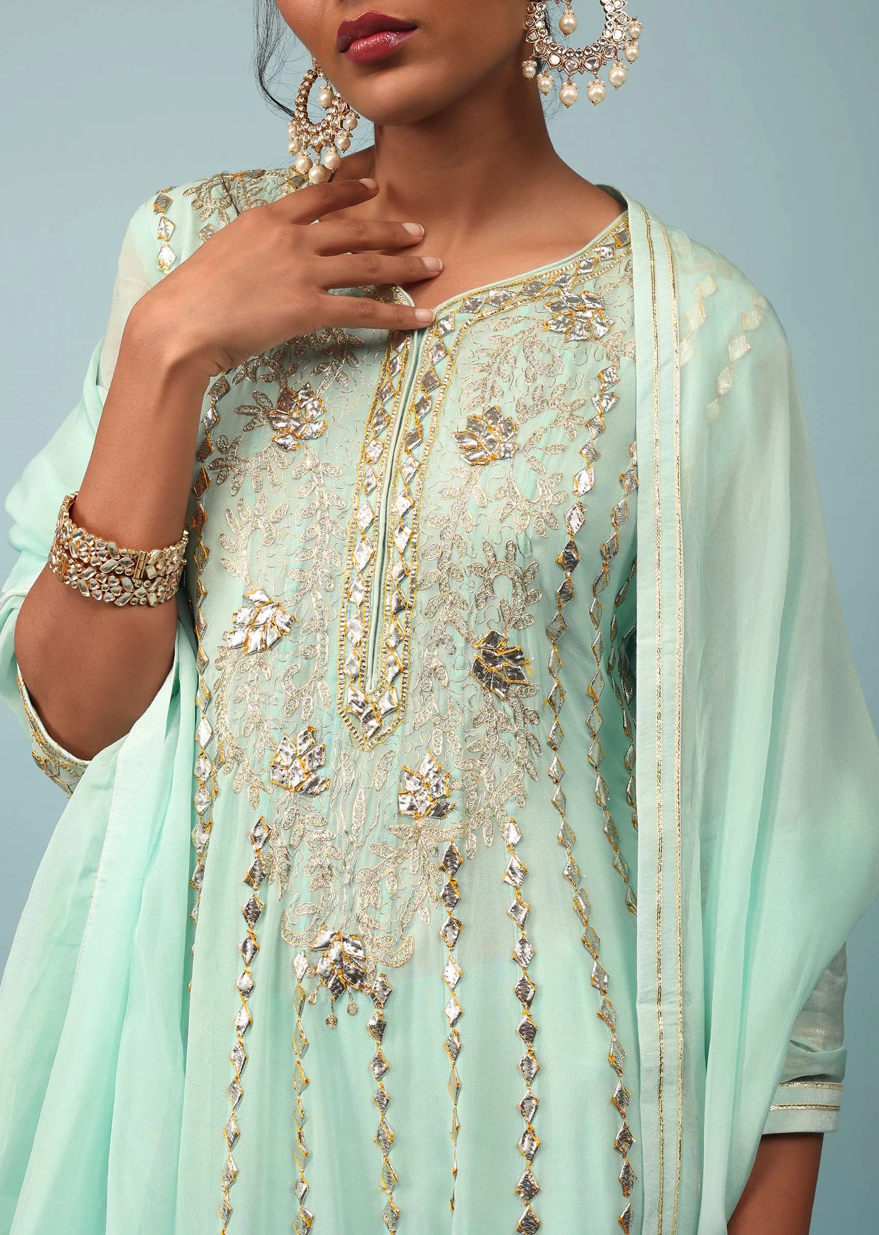 Bay Green Embroidered Anarkali Suit Set In Georgette