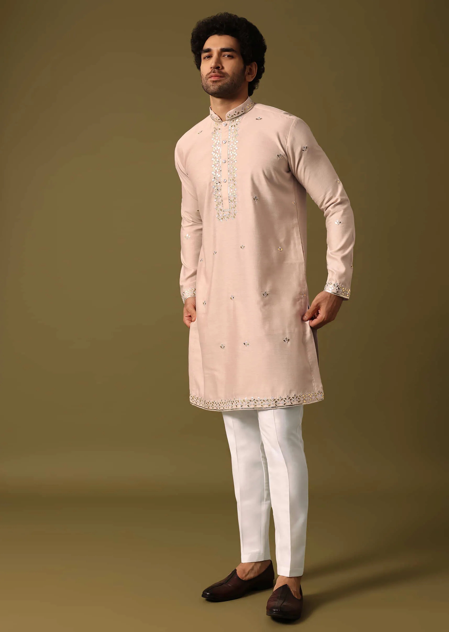 Beige Kurta Pant Set With Abla Work For Men