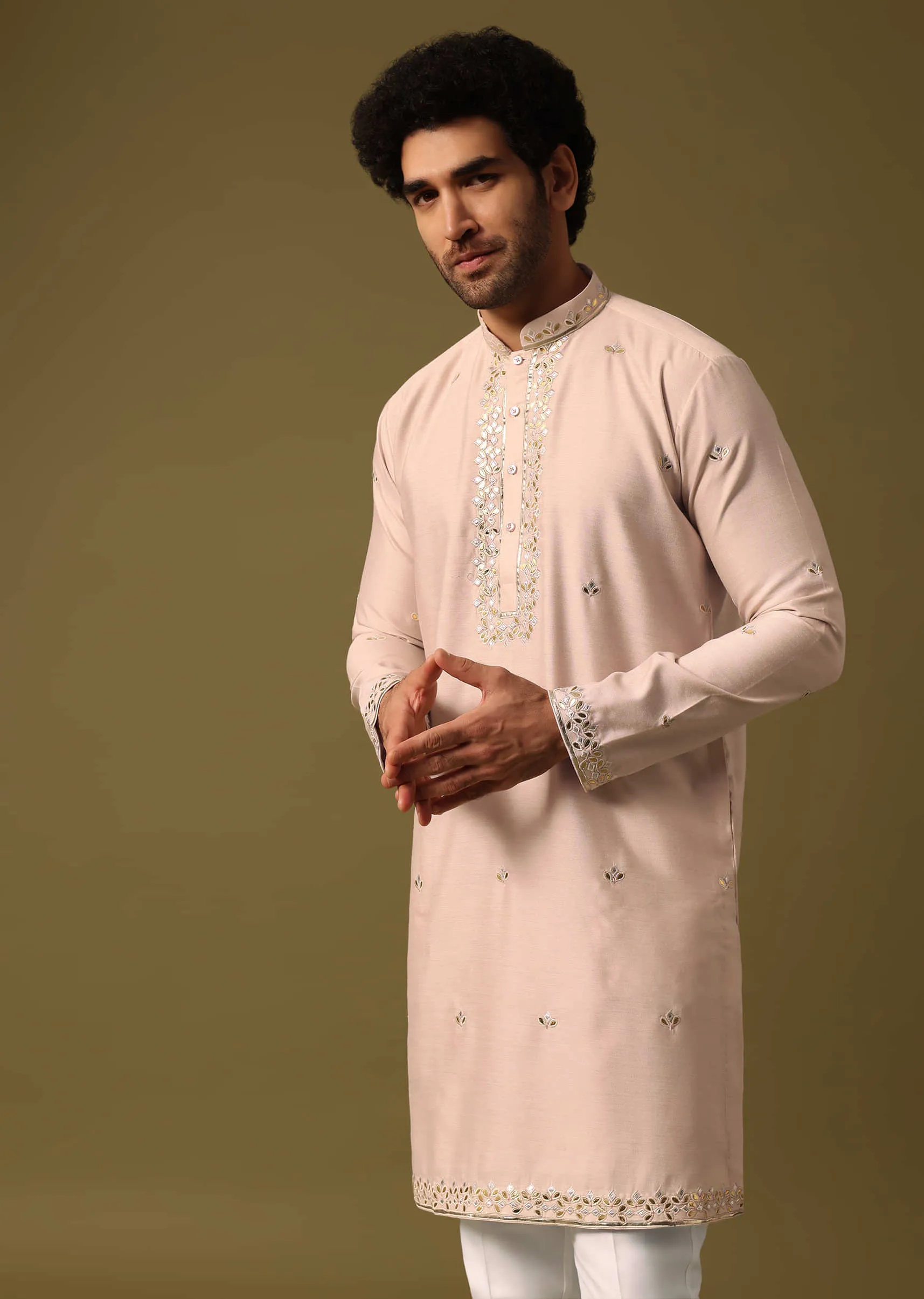 Beige Kurta Pant Set With Abla Work For Men