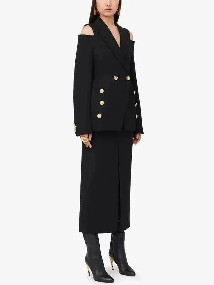 Black Cut-out Double-Breasted Jacket and Skirt Set in Black