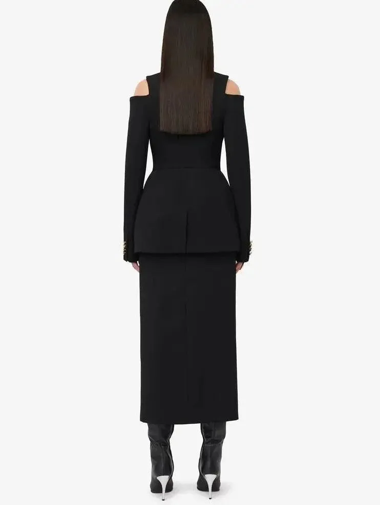 Black Cut-out Double-Breasted Jacket and Skirt Set in Black