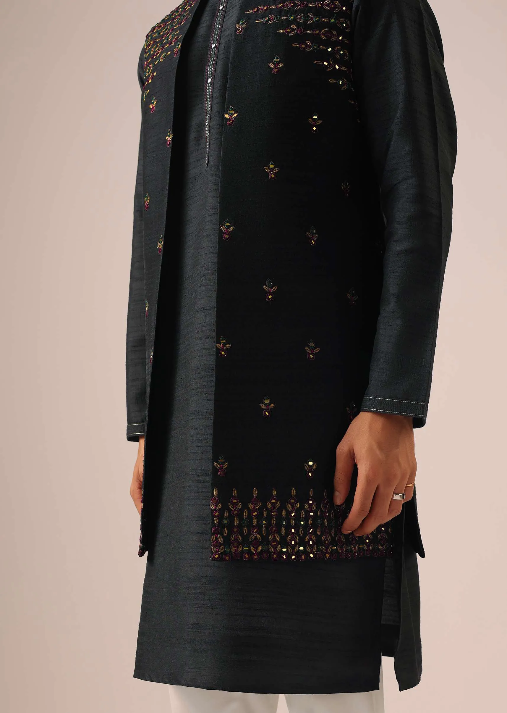 Black Kurta And Front Open Jacket with Thread Work