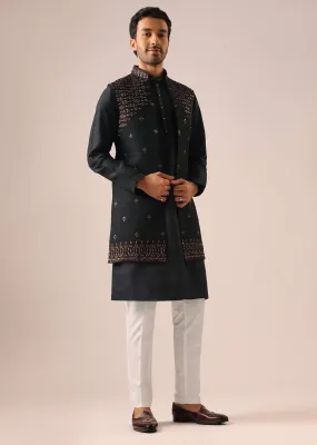 Black Kurta And Front Open Jacket with Thread Work