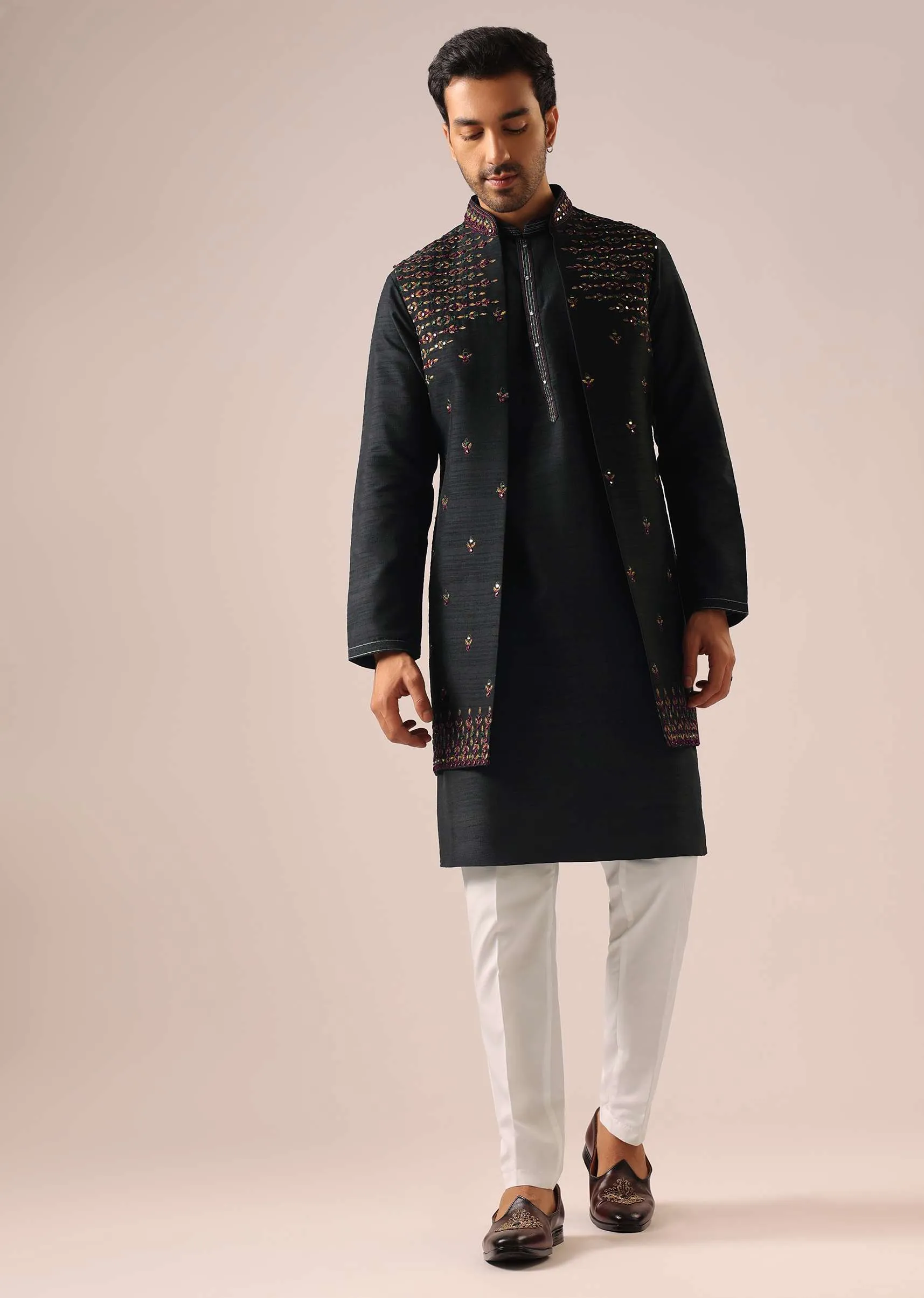 Black Kurta And Front Open Jacket with Thread Work