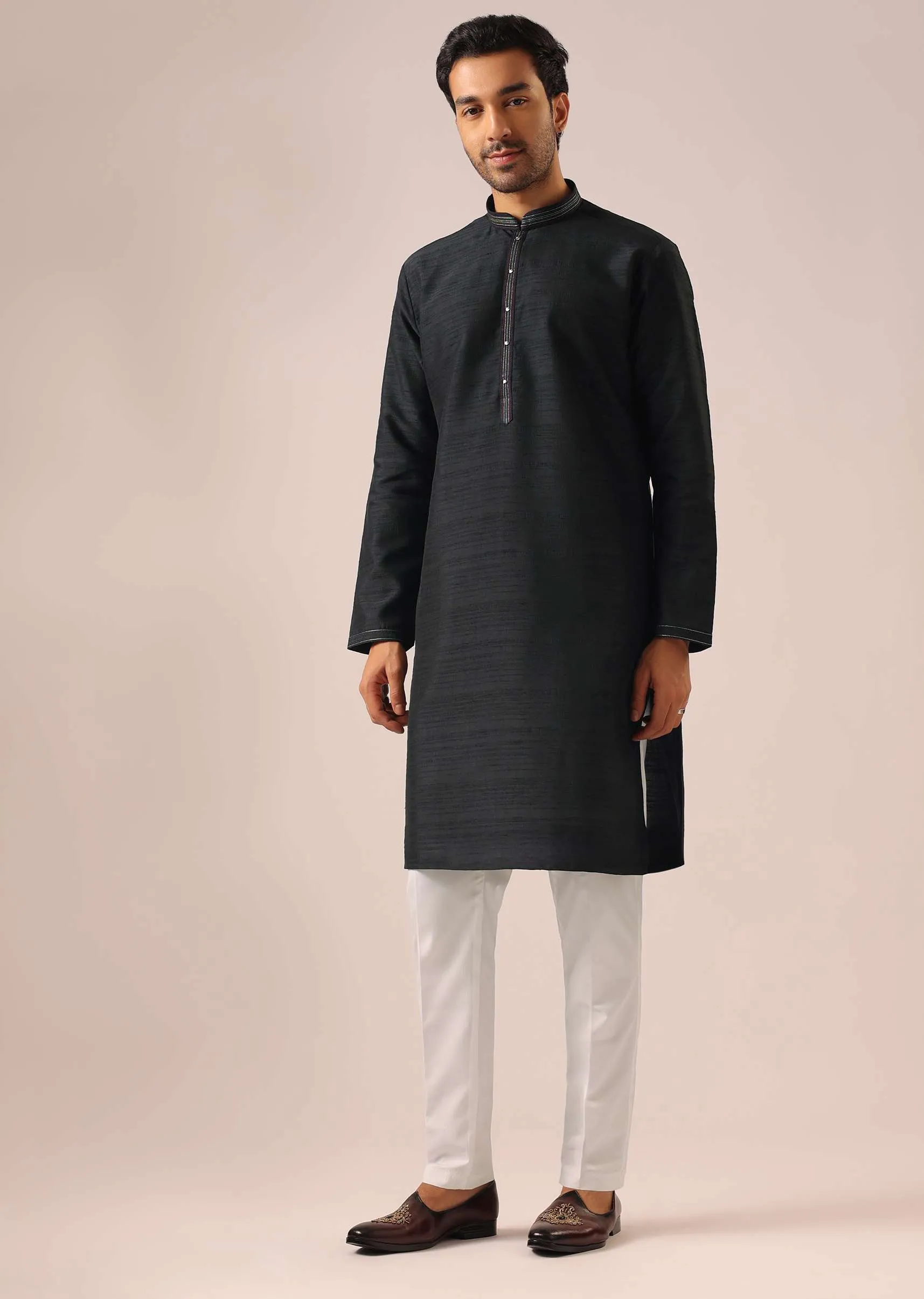 Black Kurta And Front Open Jacket with Thread Work