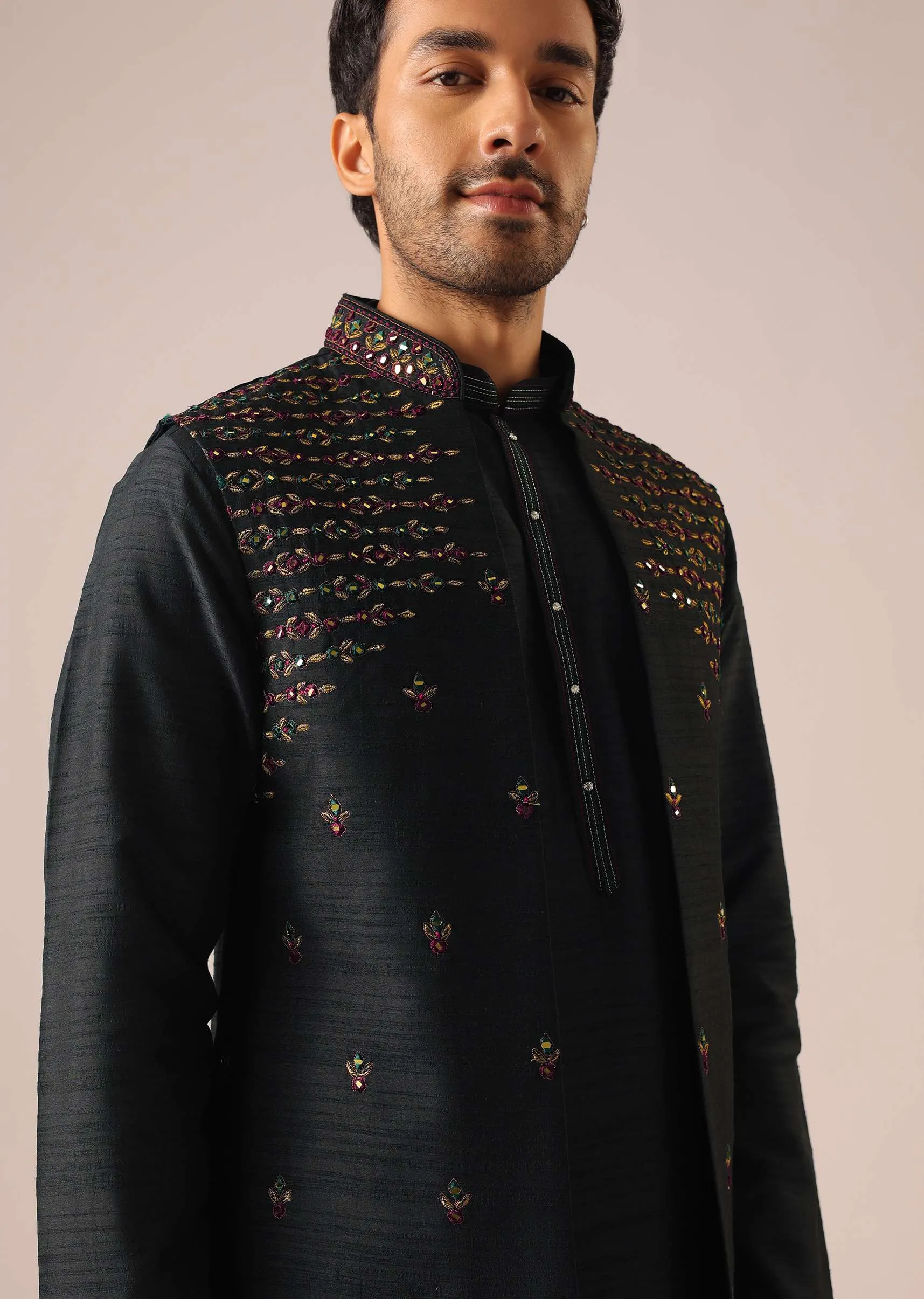 Black Kurta And Front Open Jacket with Thread Work