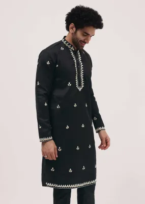 Black Kurta Set With Abla Work For Men