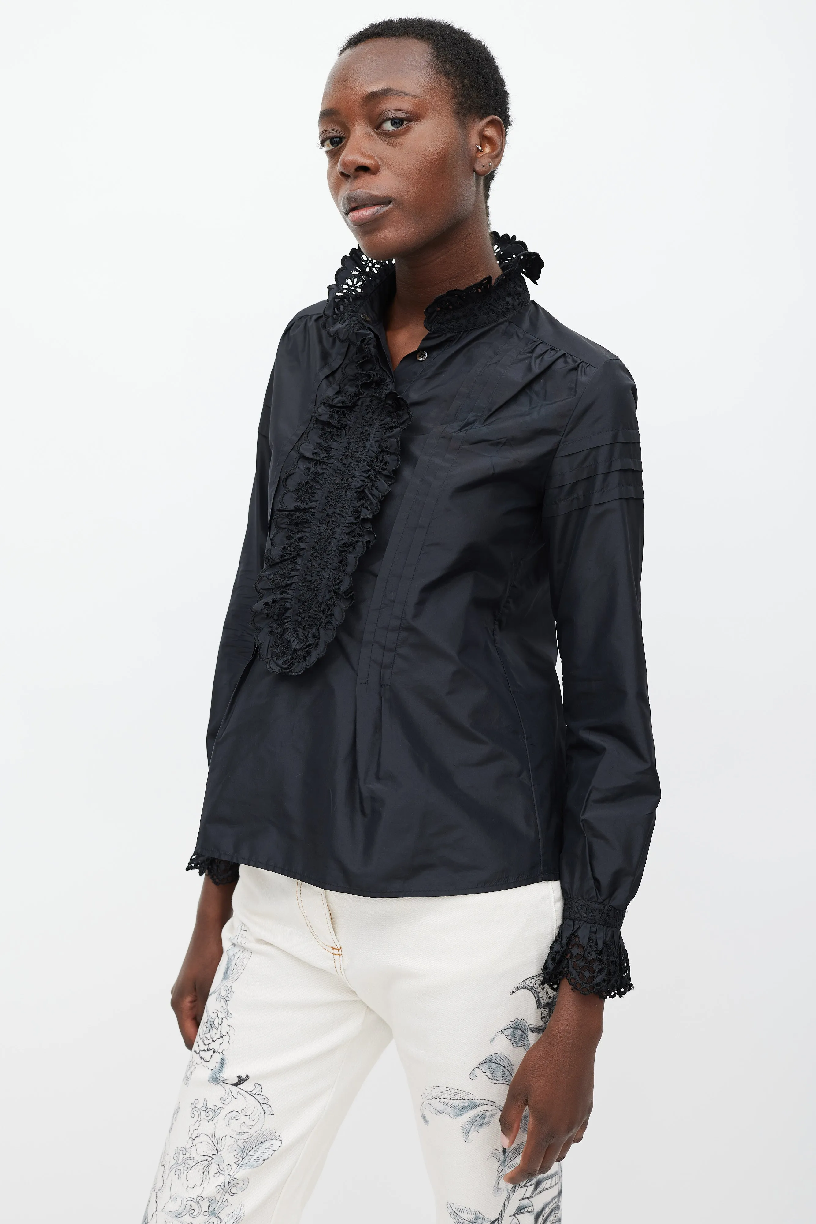 Black Silk Floral Ruffled Shirt