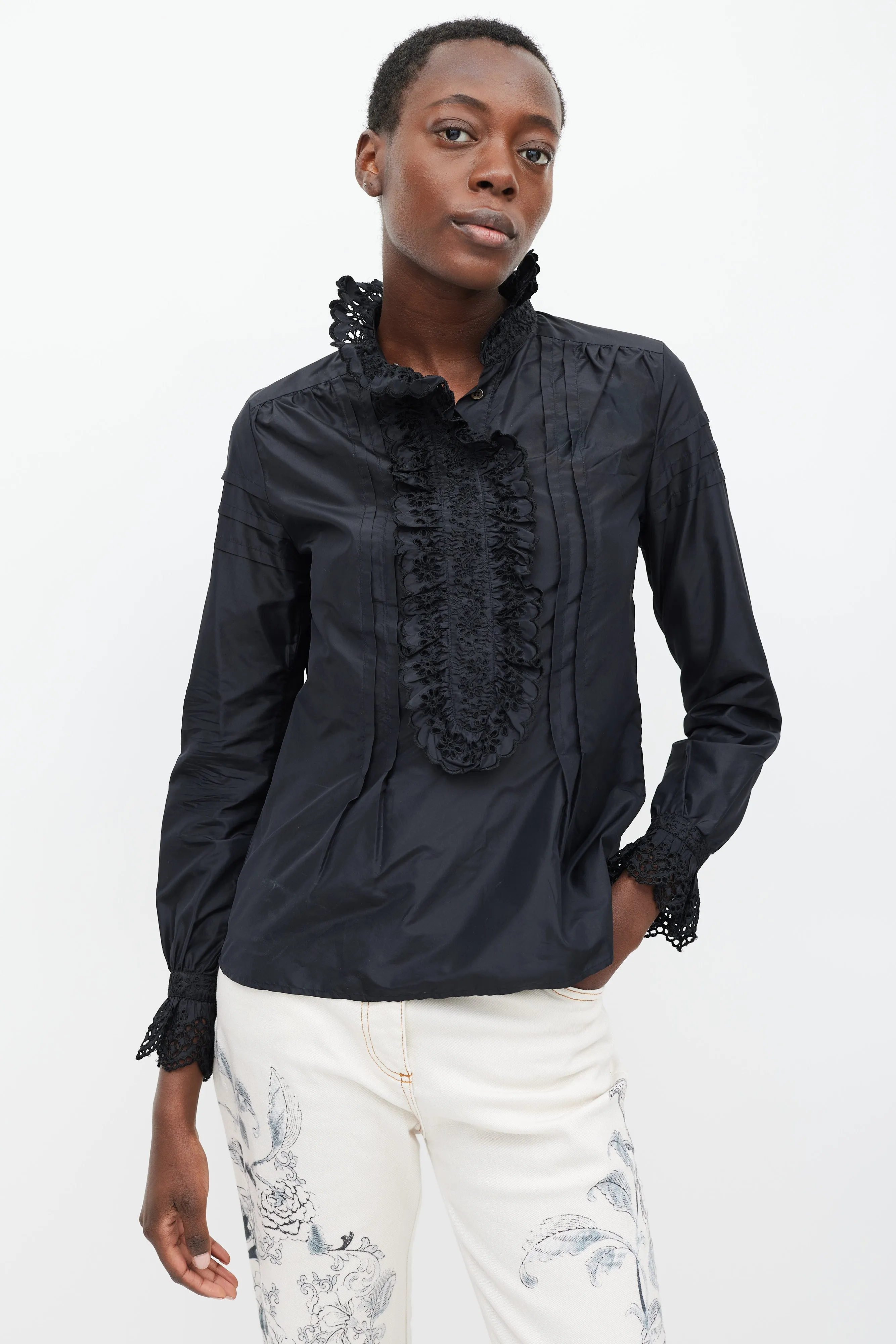 Black Silk Floral Ruffled Shirt