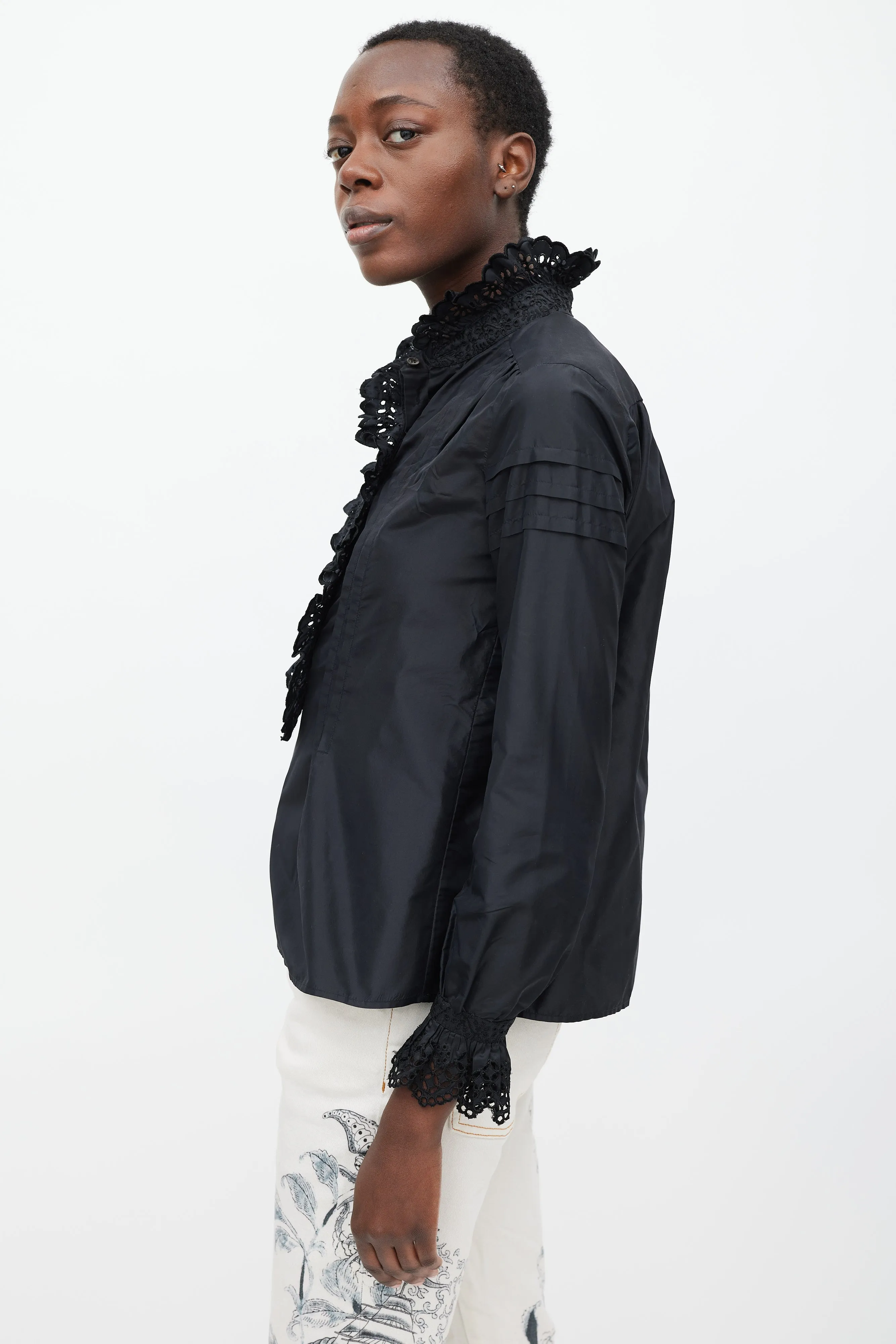 Black Silk Floral Ruffled Shirt