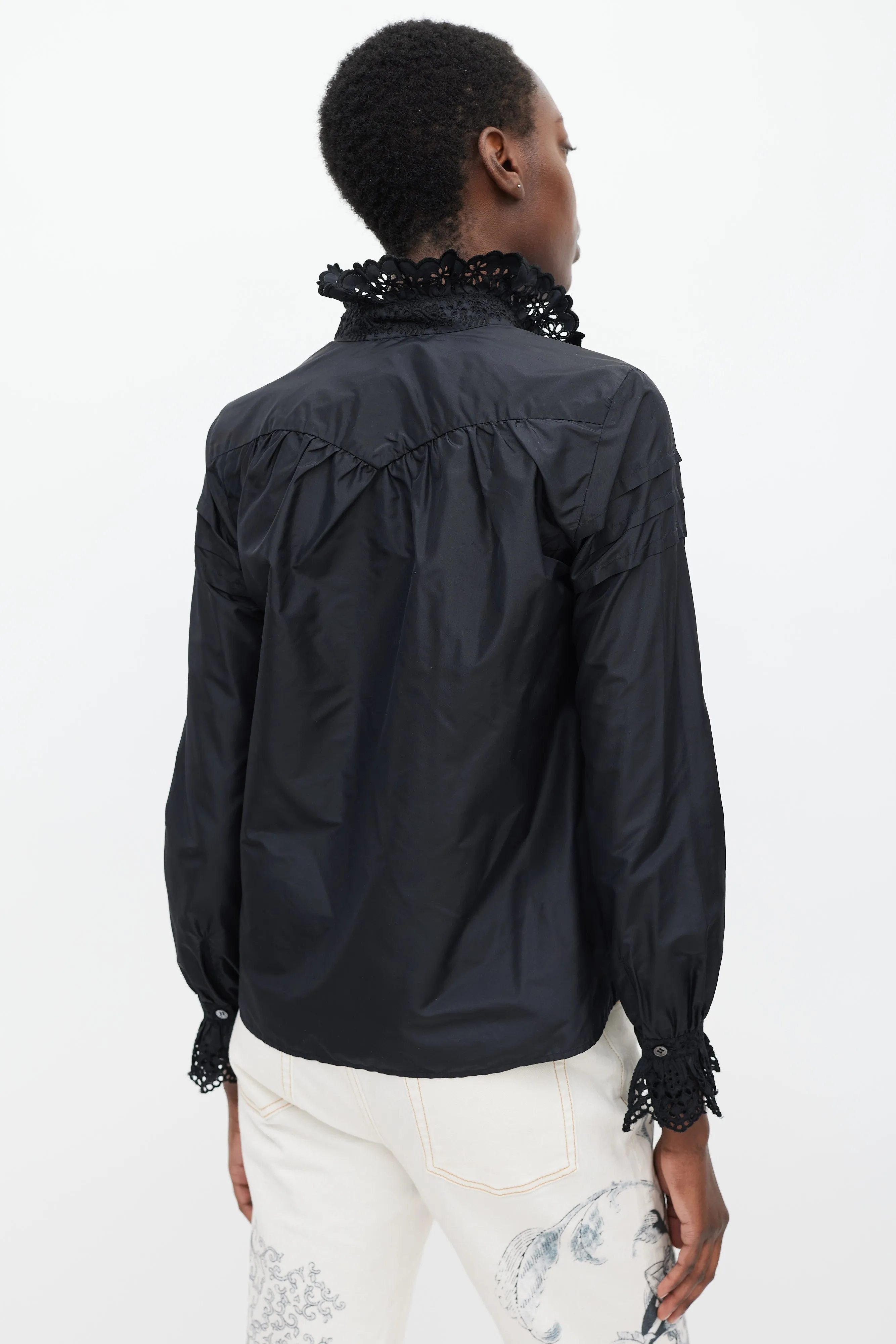 Black Silk Floral Ruffled Shirt