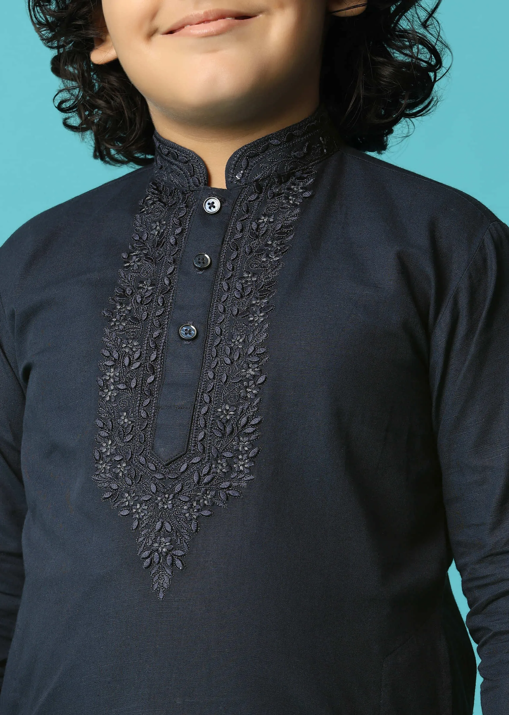 Blue Linen Kurta Pant With Resham Work For Boys