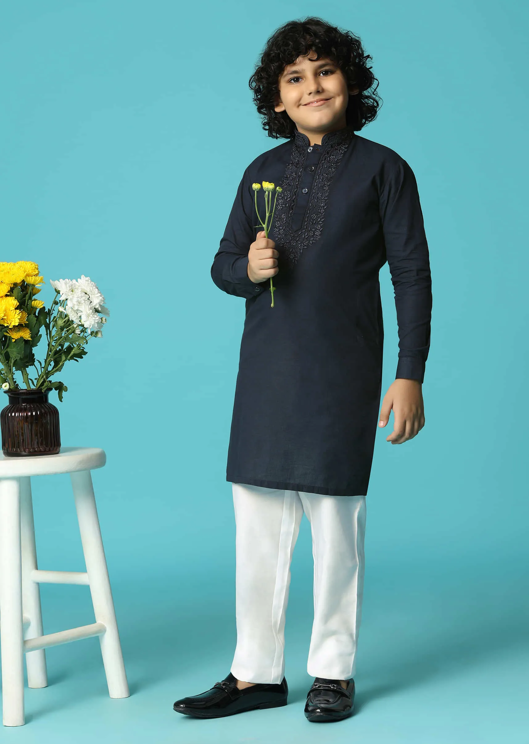 Blue Linen Kurta Pant With Resham Work For Boys