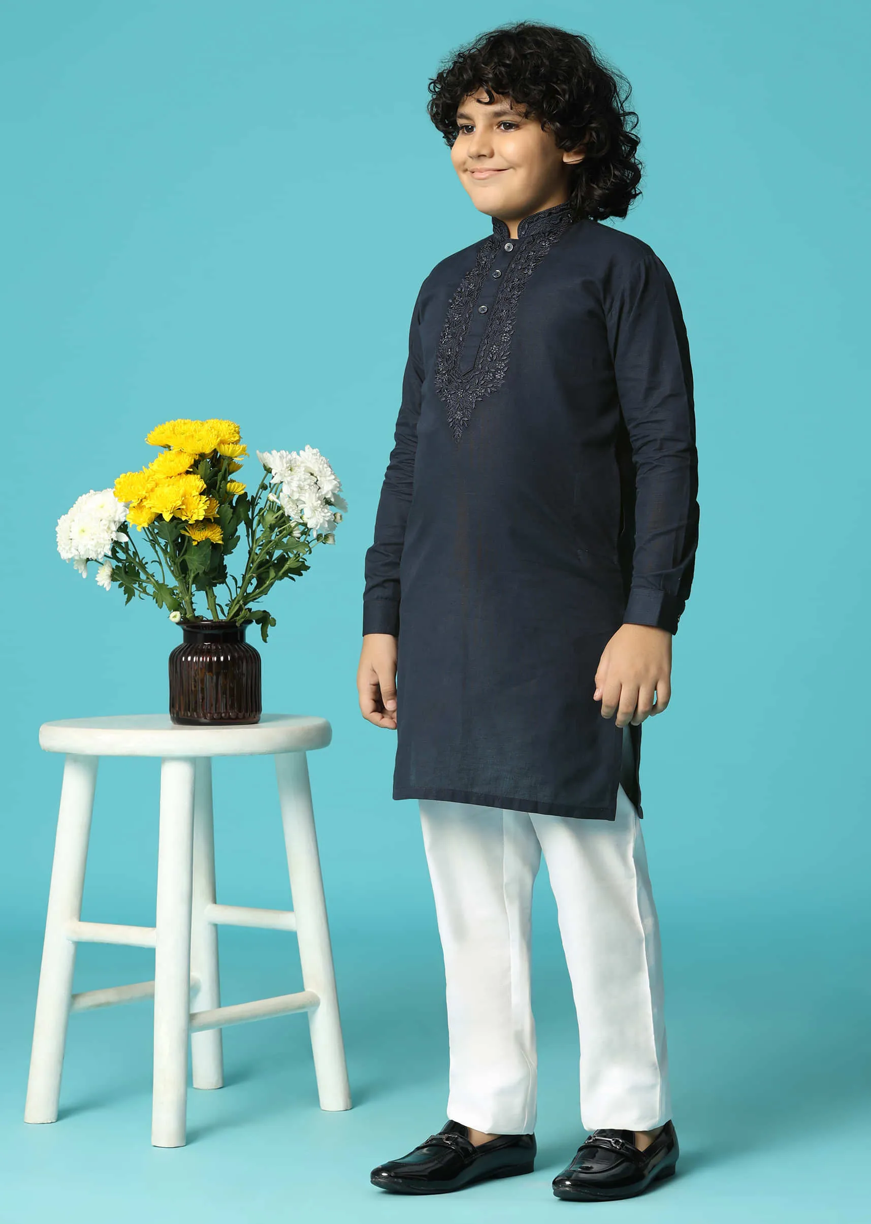Blue Linen Kurta Pant With Resham Work For Boys