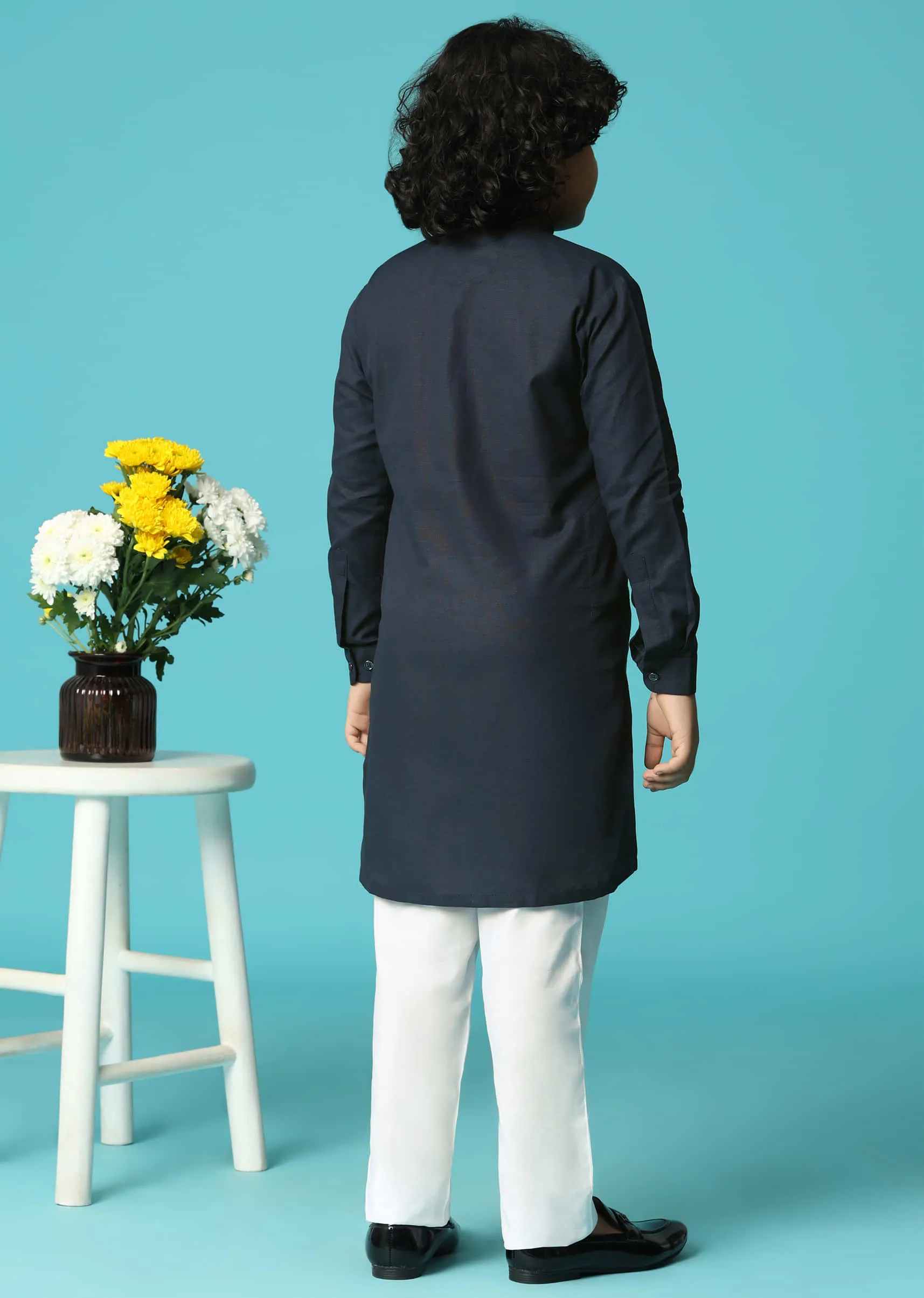 Blue Linen Kurta Pant With Resham Work For Boys
