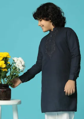 Blue Linen Kurta Pant With Resham Work For Boys