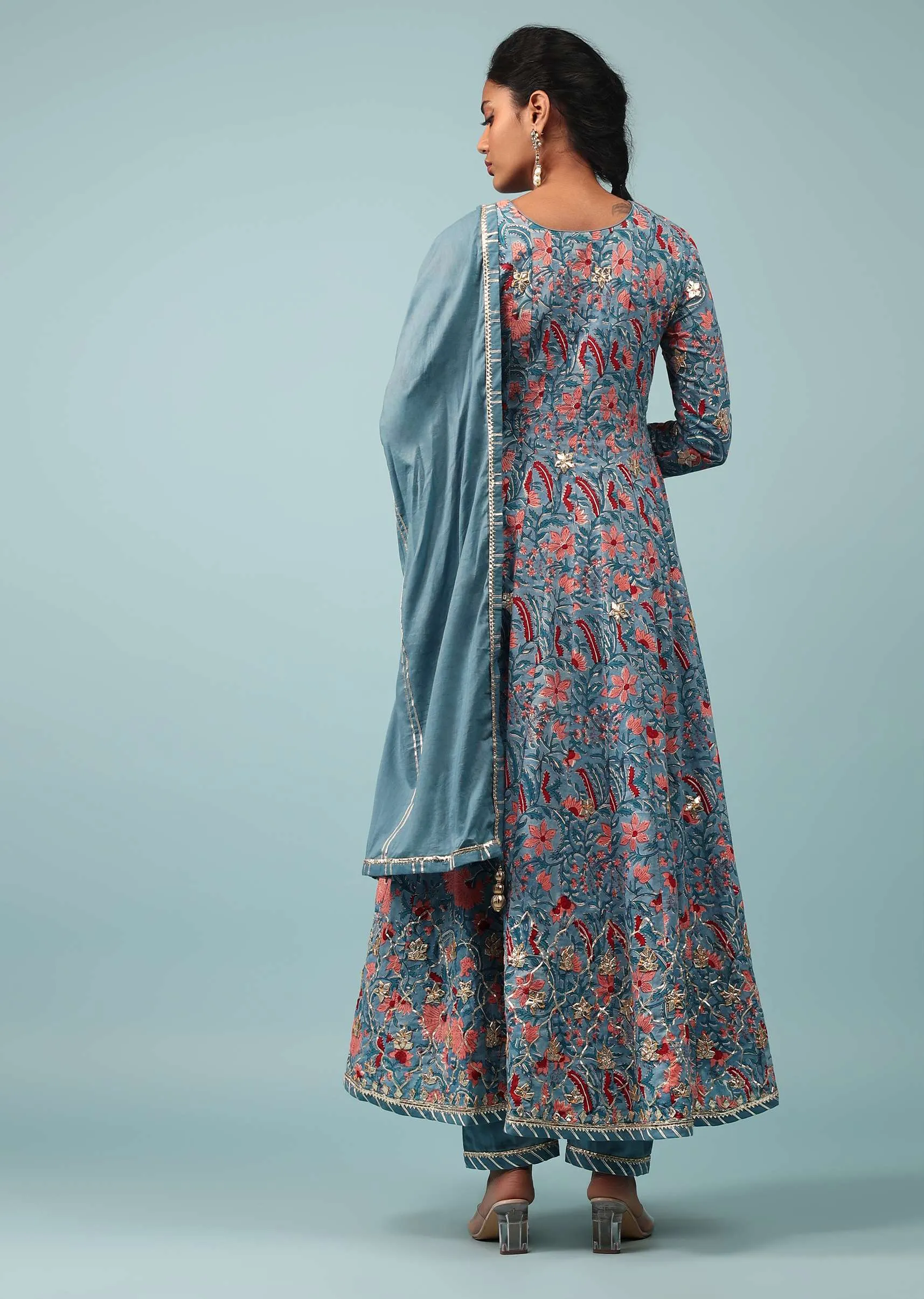 Blue Moon Floral Anarkali Suit With Gotta Work In Cotton
