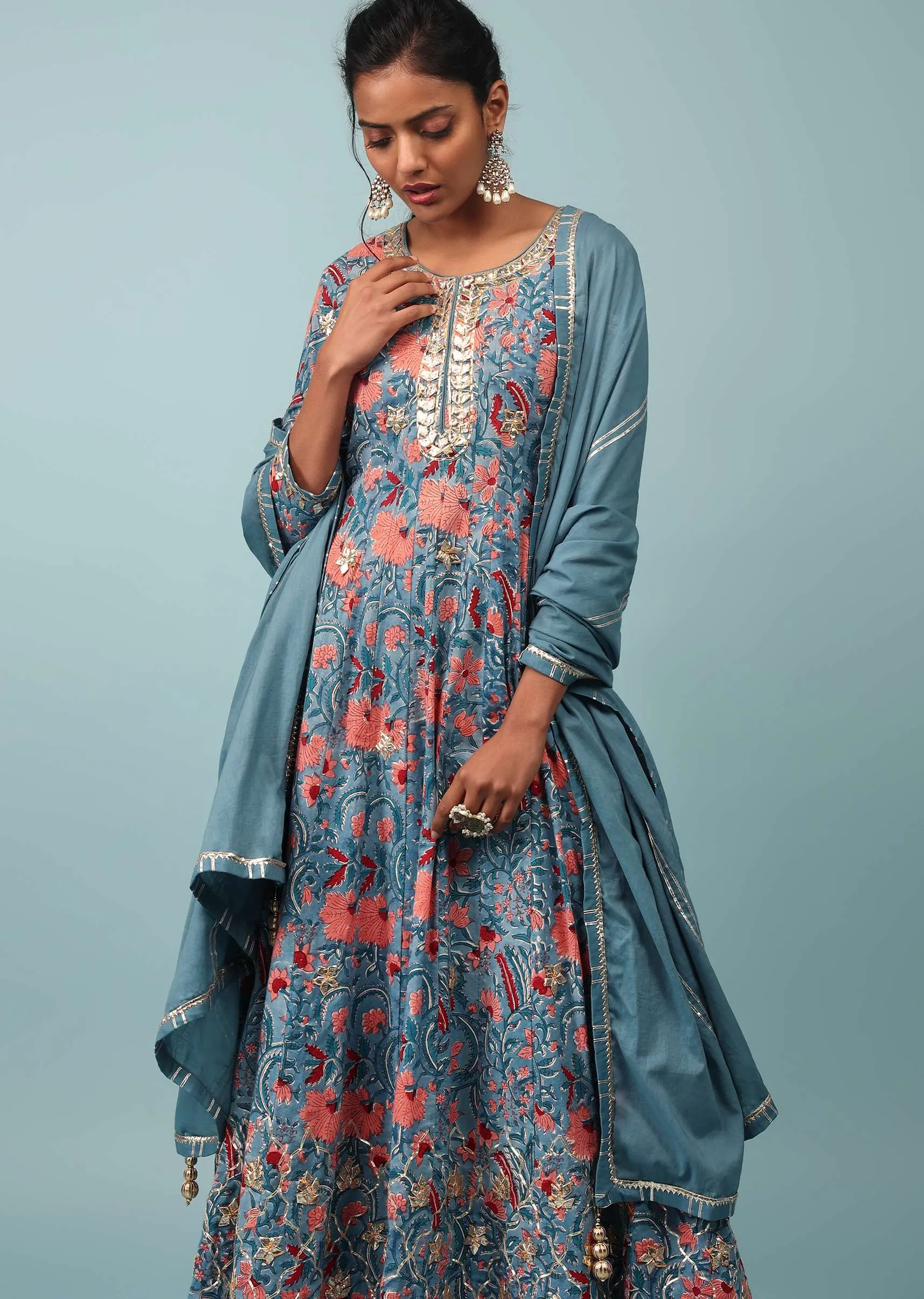 Blue Moon Floral Anarkali Suit With Gotta Work In Cotton