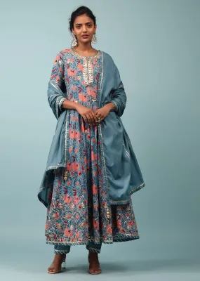 Blue Moon Floral Anarkali Suit With Gotta Work In Cotton
