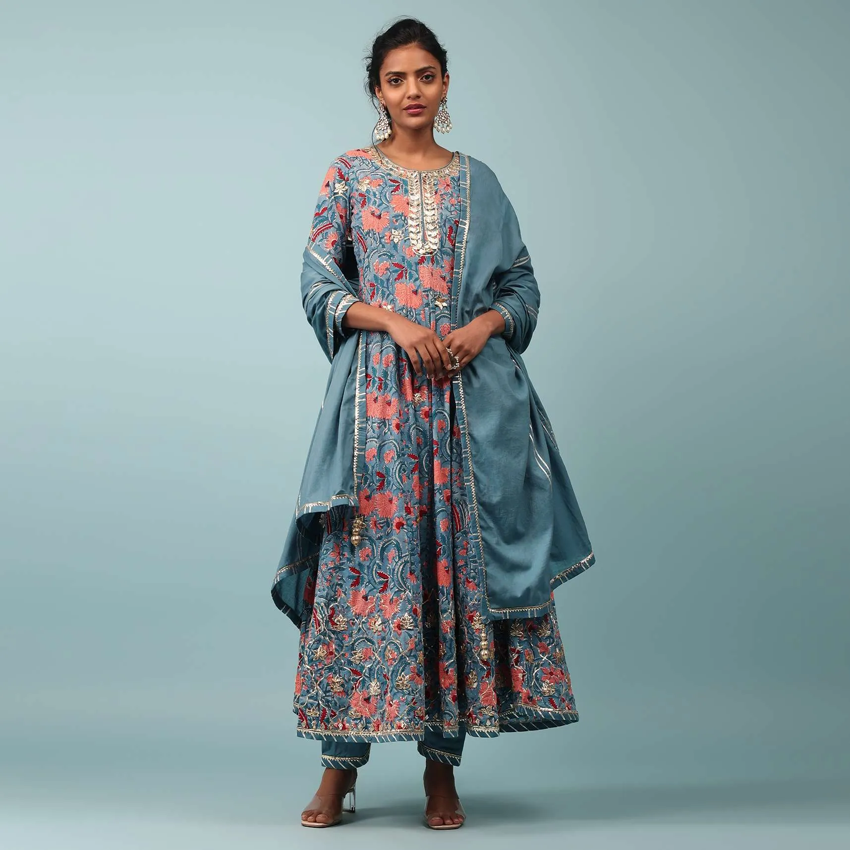 Blue Moon Floral Anarkali Suit With Gotta Work In Cotton