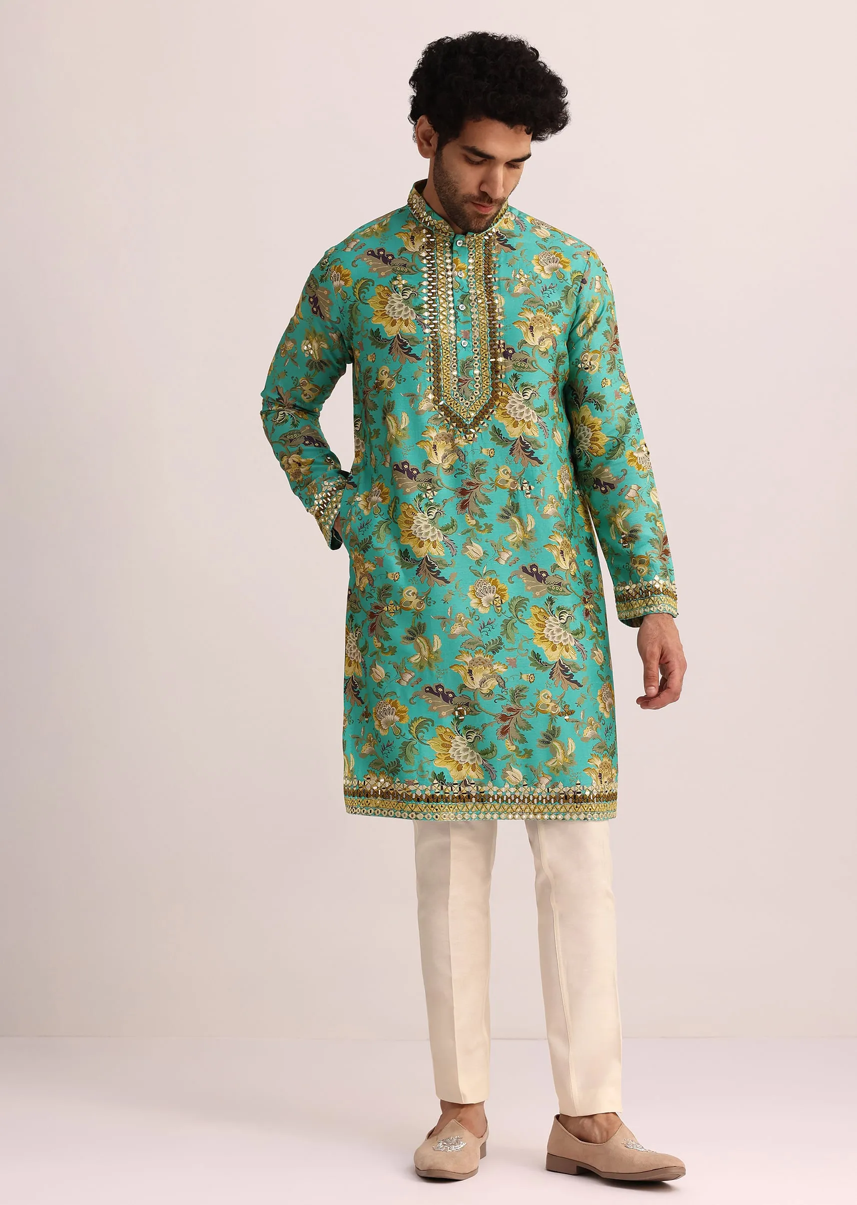 Blue Printed Silk Kurta Set Wth Mirror Work