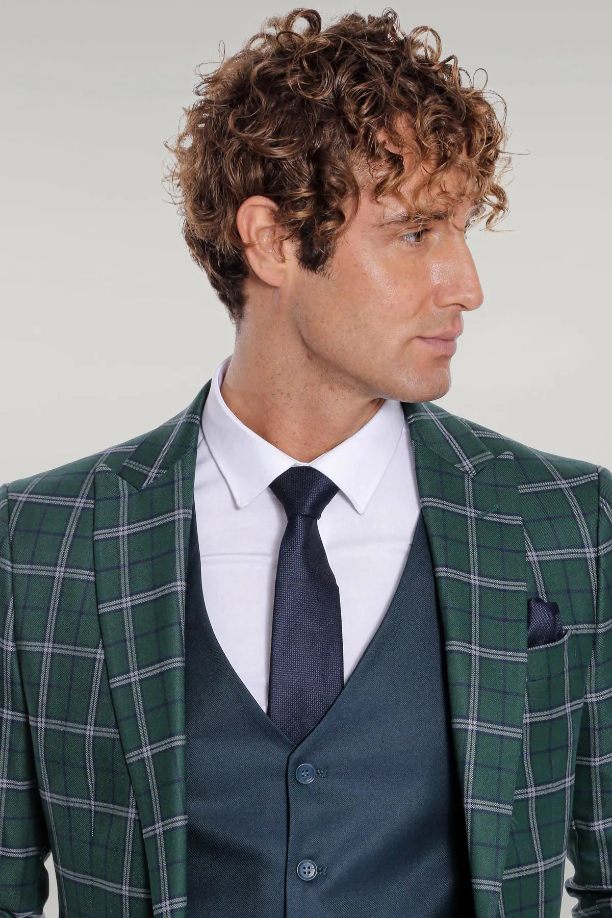 Blue Vested Slim Fit Checked Green Men Suit - Wessi