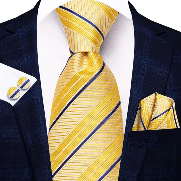 Classy Men Yellow Gold Blue Striped Silk Tie