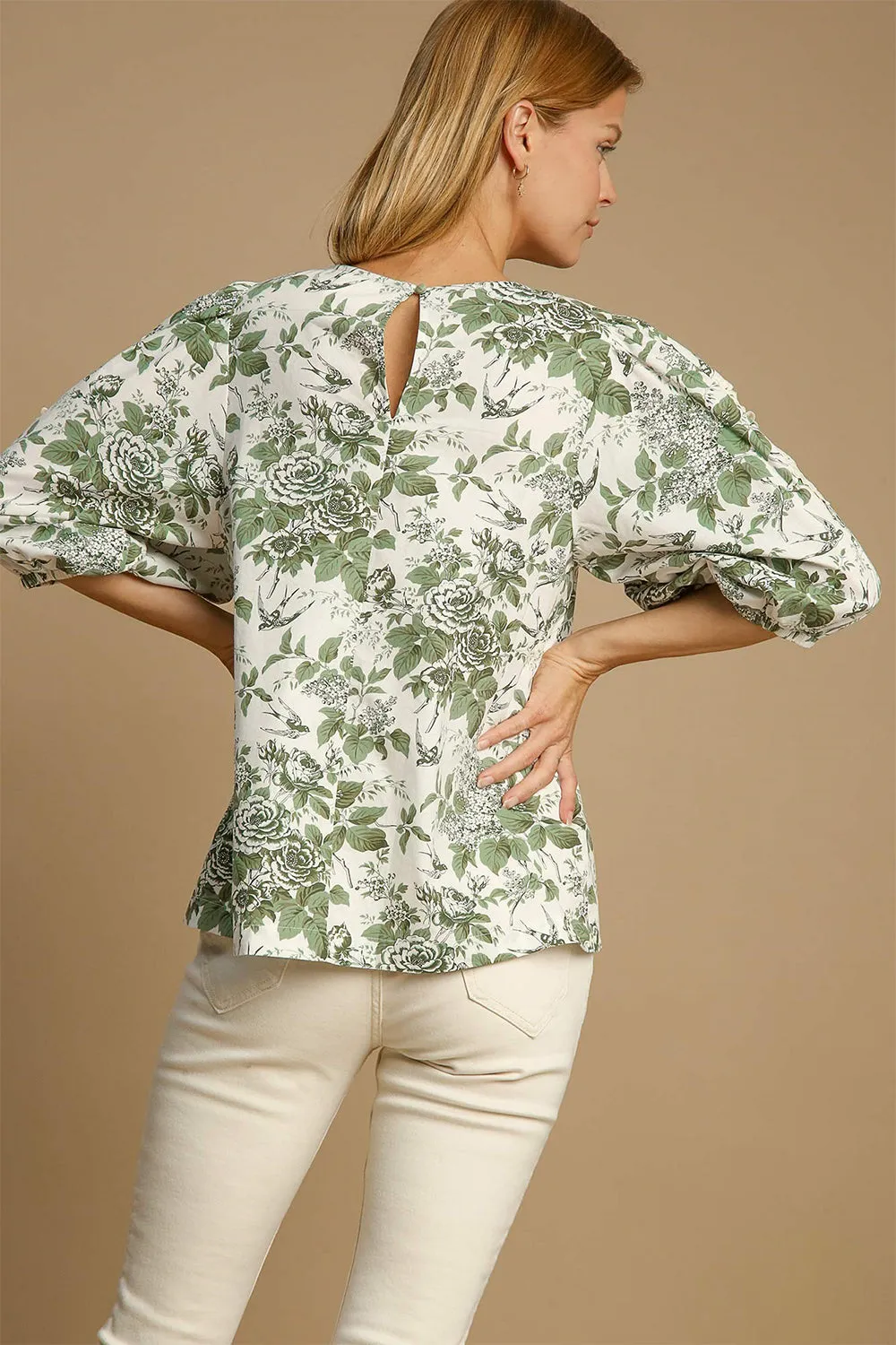 Floral Lace Trim Pleated Sleeve Blouse
