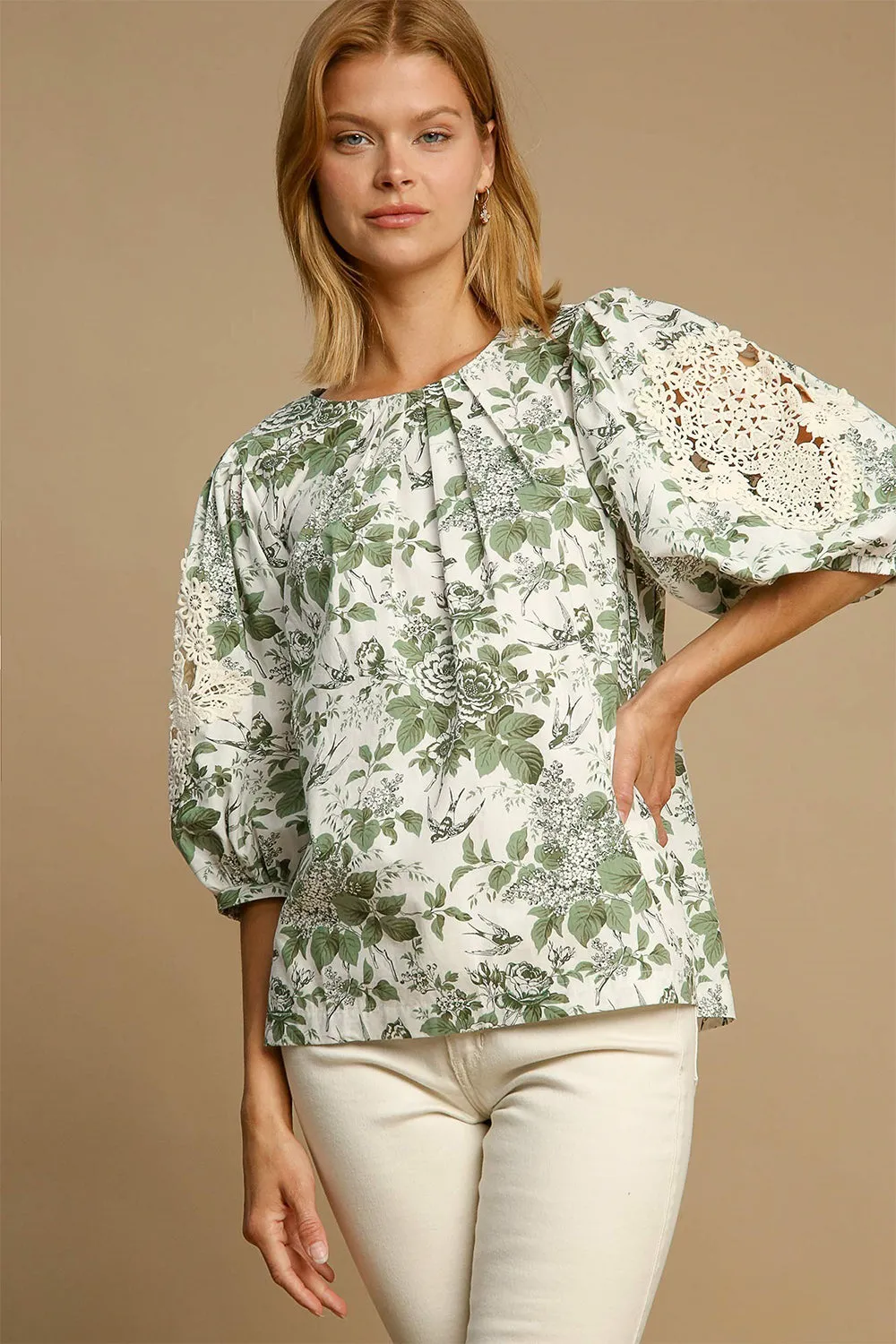 Floral Lace Trim Pleated Sleeve Blouse